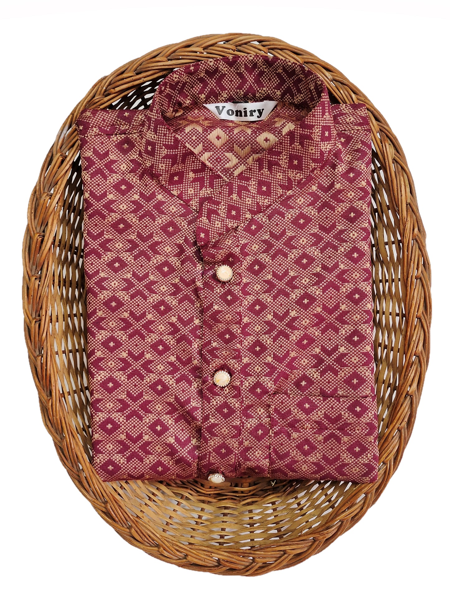 Men Maroon Regular Full Sleeve Silk Cotton Kurta with White Pajama Set