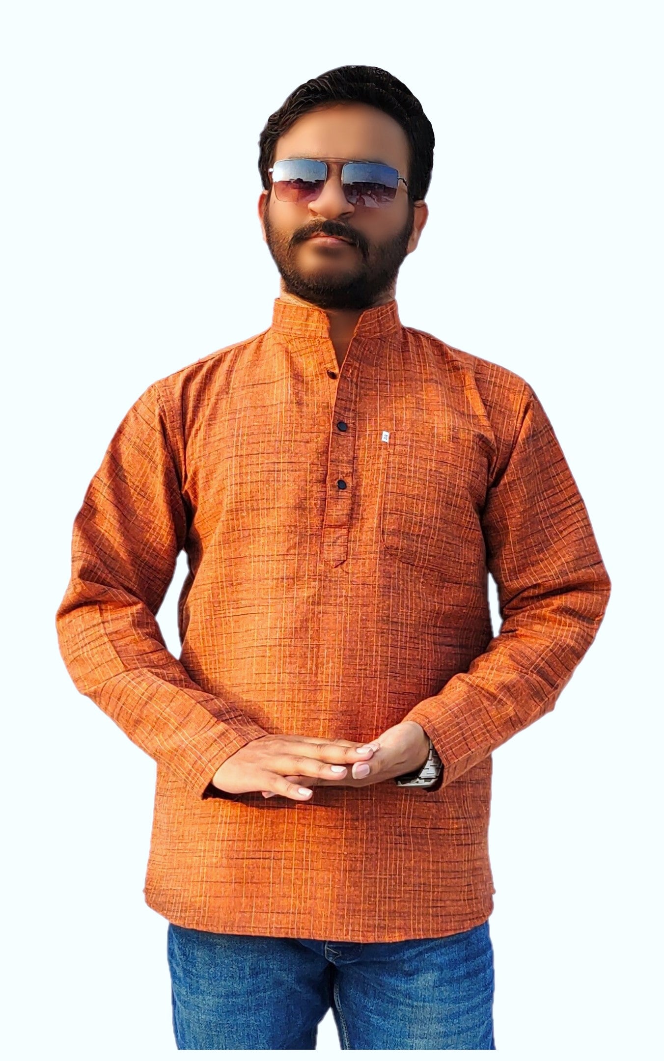 Men's Orange Cotton Khadi Shot Kurta