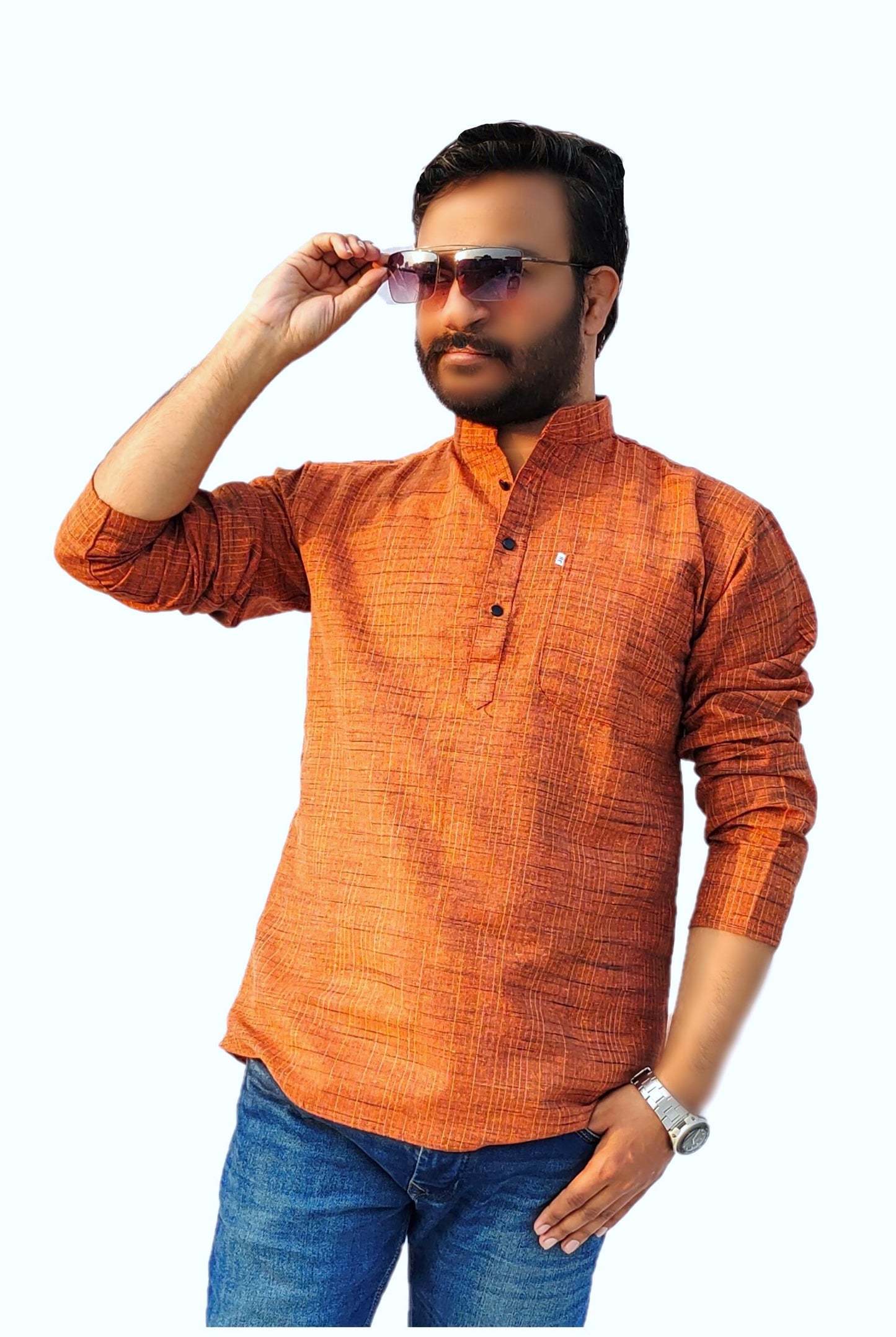 Men's Orange Cotton Khadi Shot Kurta