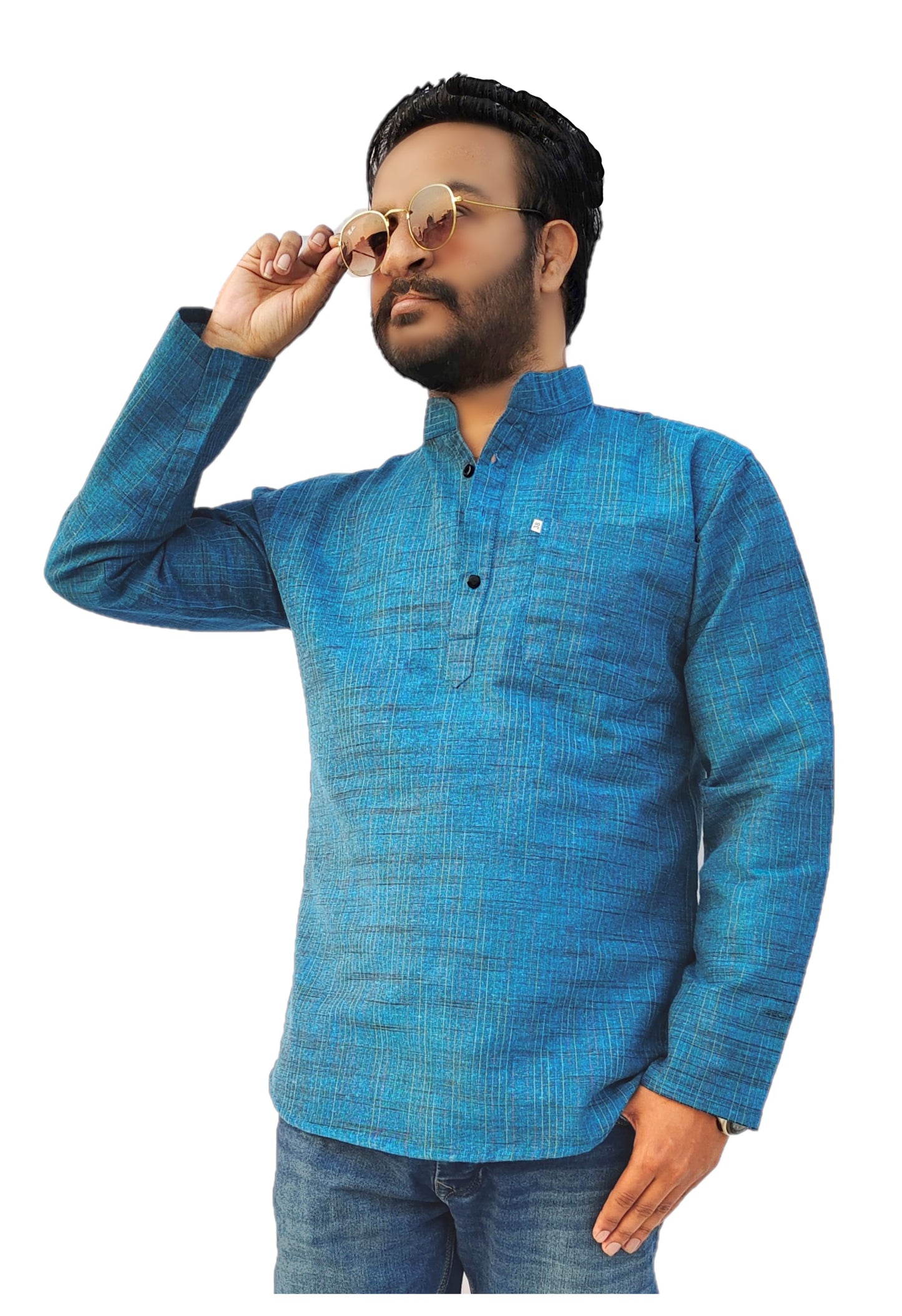 Men's Blue Cotton Khadi Shot Kurta