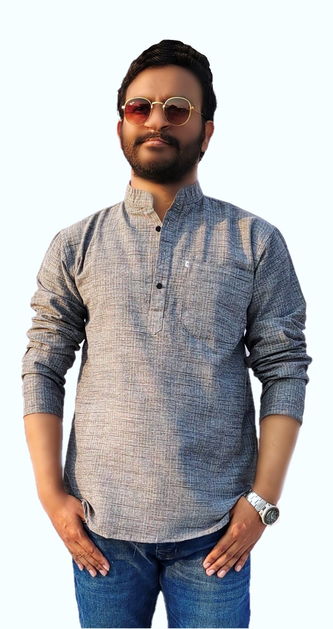 Men's Grey Cotton Khadi Shot Kurta