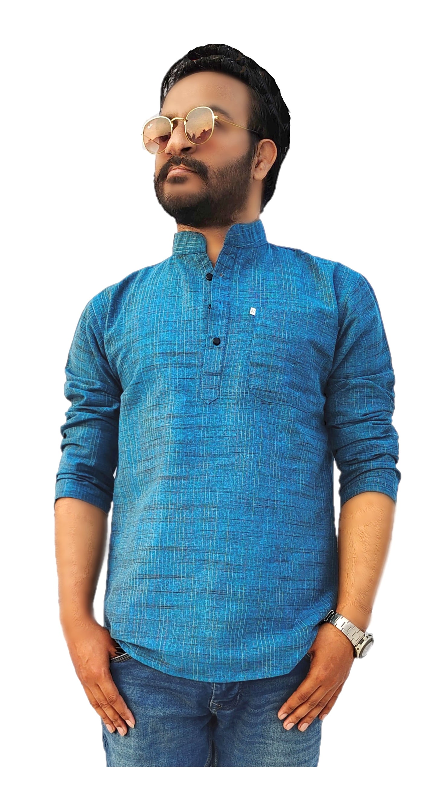 Men's Blue Cotton Khadi Shot Kurta