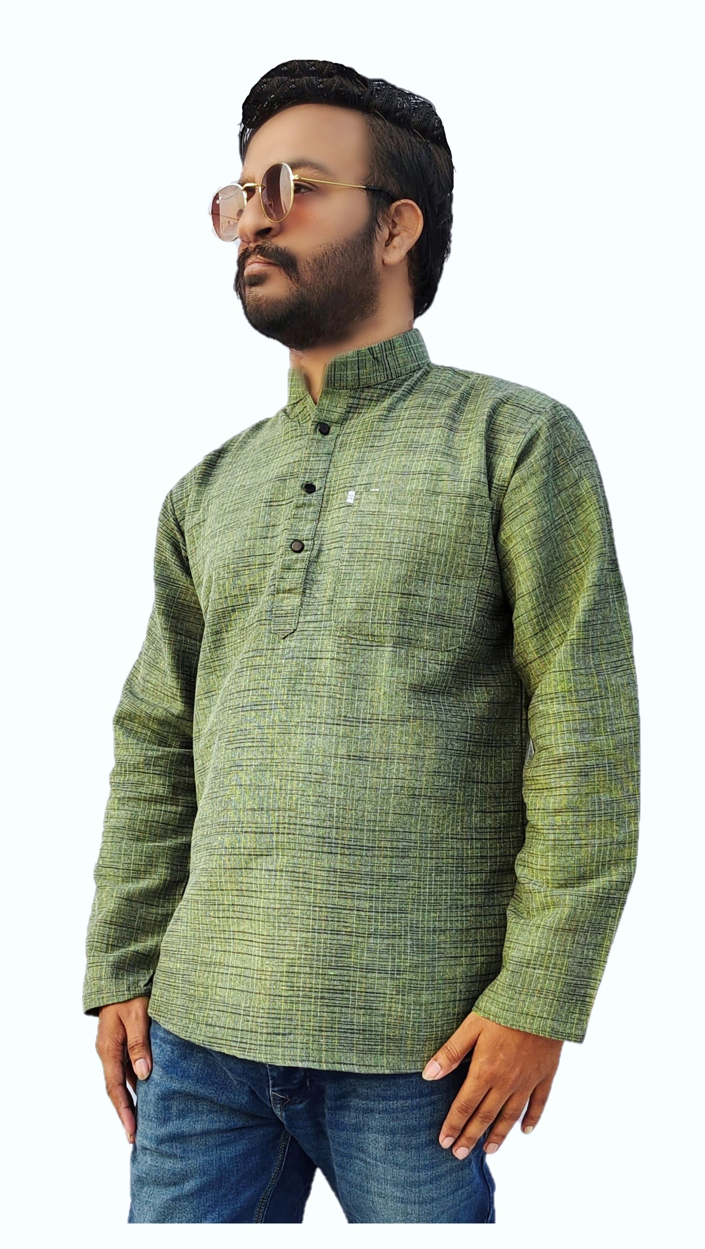 Men's Green Cotton Khadi Shot Kurta