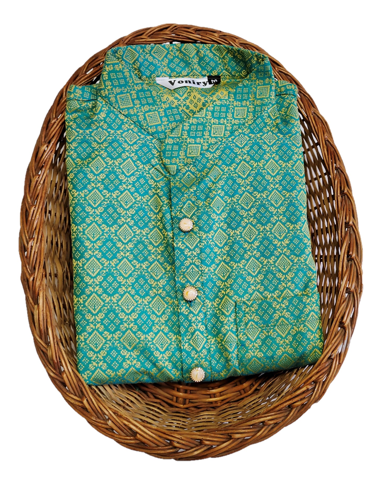 Men Sea Green Regular Full Sleeve Silk Cotton Kurta with White Pajama Set