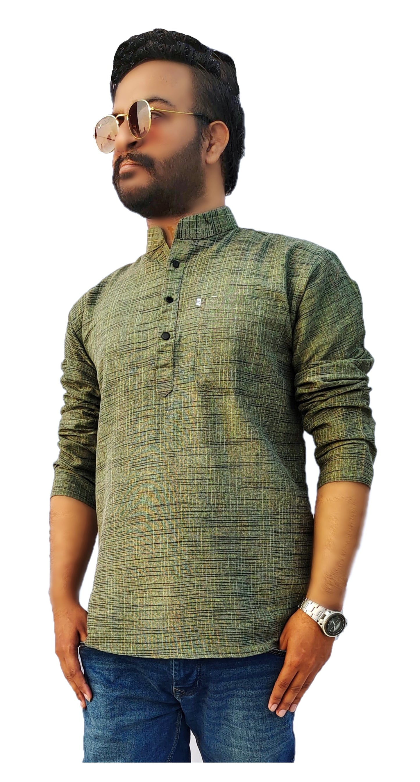 Men's Green Cotton Khadi Shot Kurta