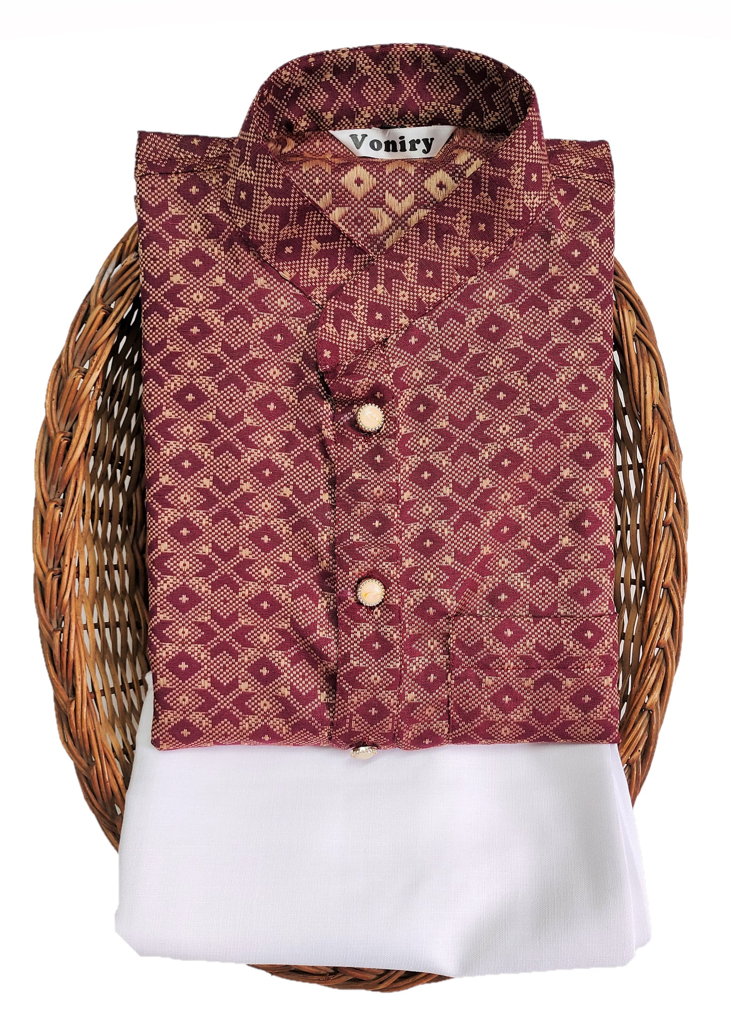 Men Maroon Regular Full Sleeve Silk Cotton Kurta with White Pajama Set