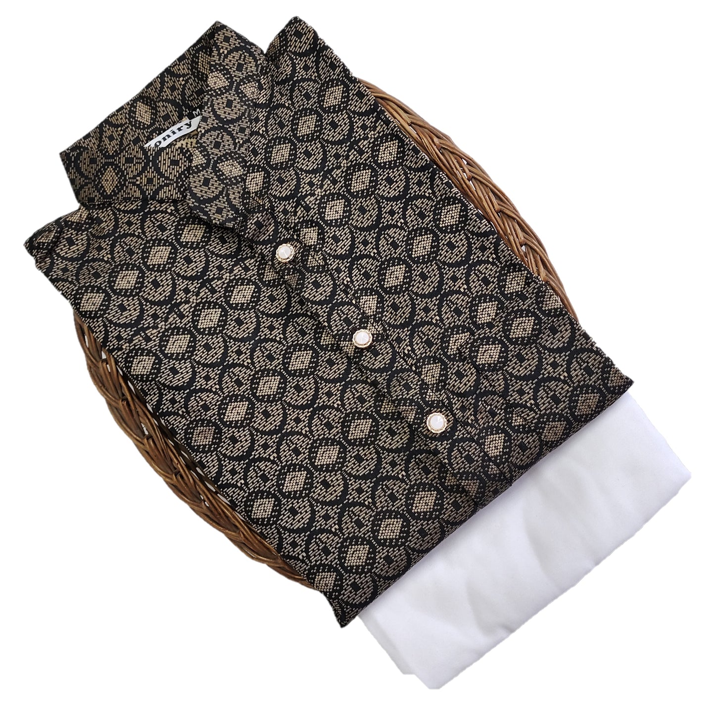 Men Black Regular Full Sleeve Silk Cotton Kurta with White Pajama Set