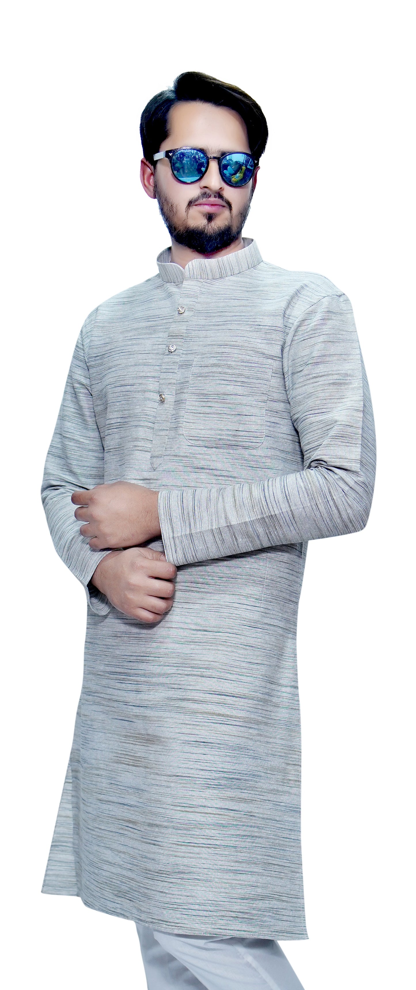 Men's Light Grey Cotton Khadi Kurta