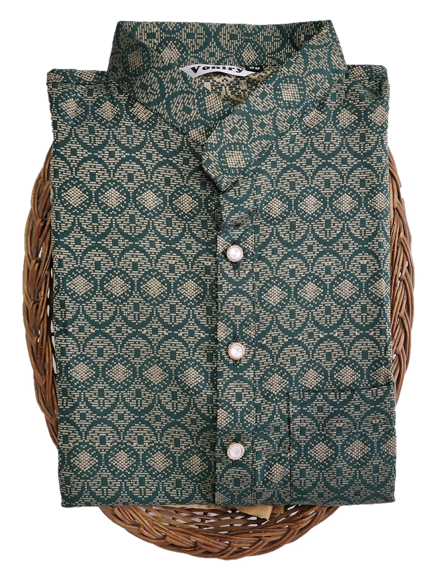 Men Dark Green Regular Full Sleeve Silk Cotton Kurta with White Pajama Set