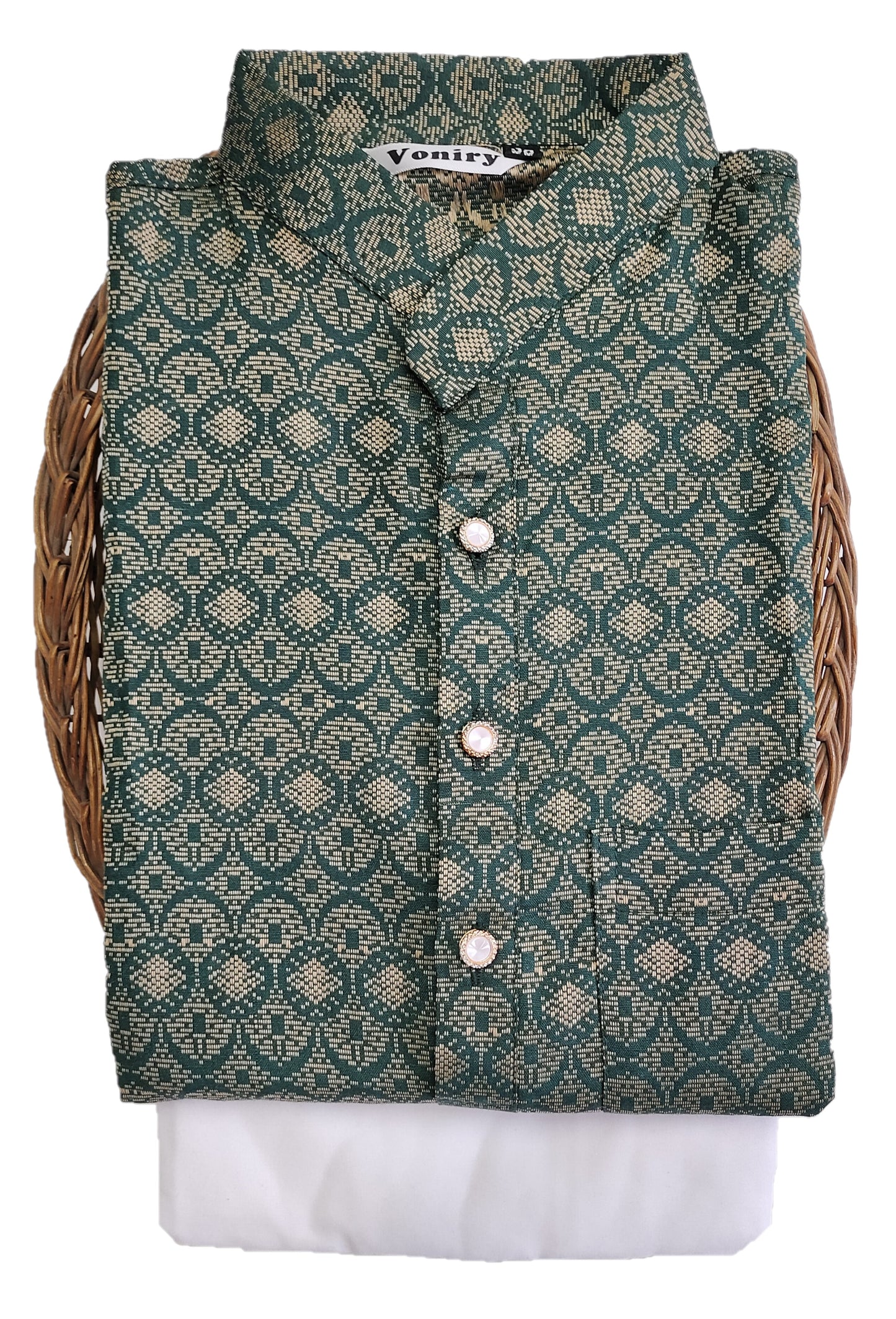 Men Dark Green Regular Full Sleeve Silk Cotton Kurta with White Pajama Set