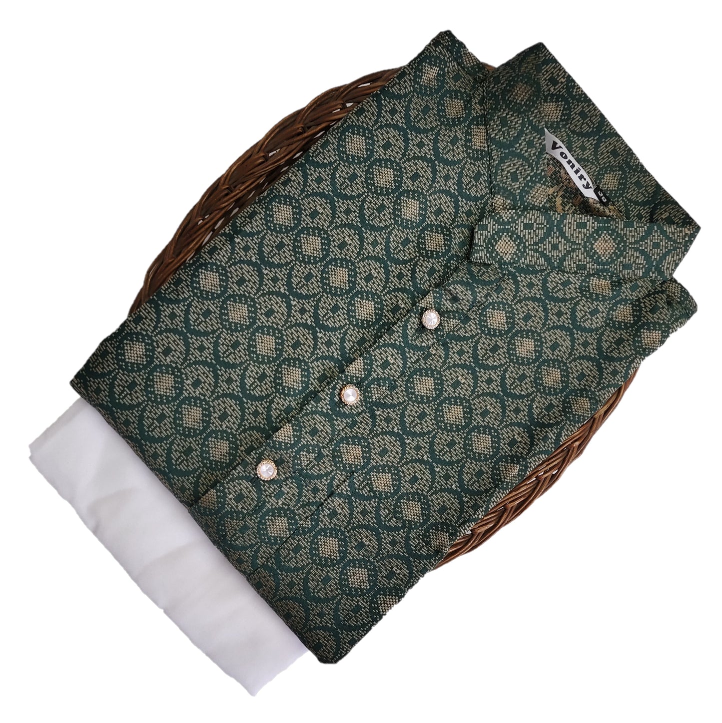 Men Dark Green Regular Full Sleeve Silk Cotton Kurta with White Pajama Set