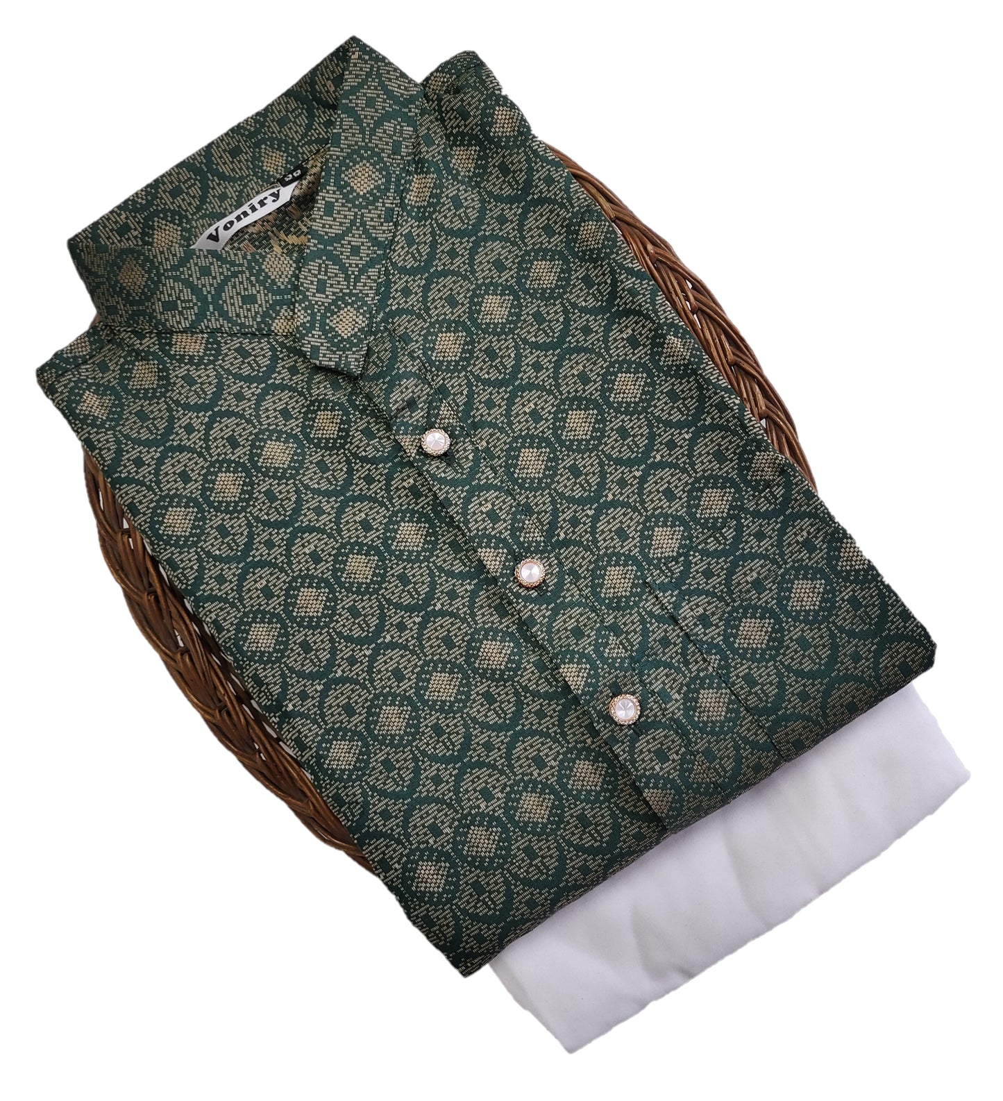 Men Dark Green Regular Full Sleeve Silk Cotton Kurta with White Pajama Set