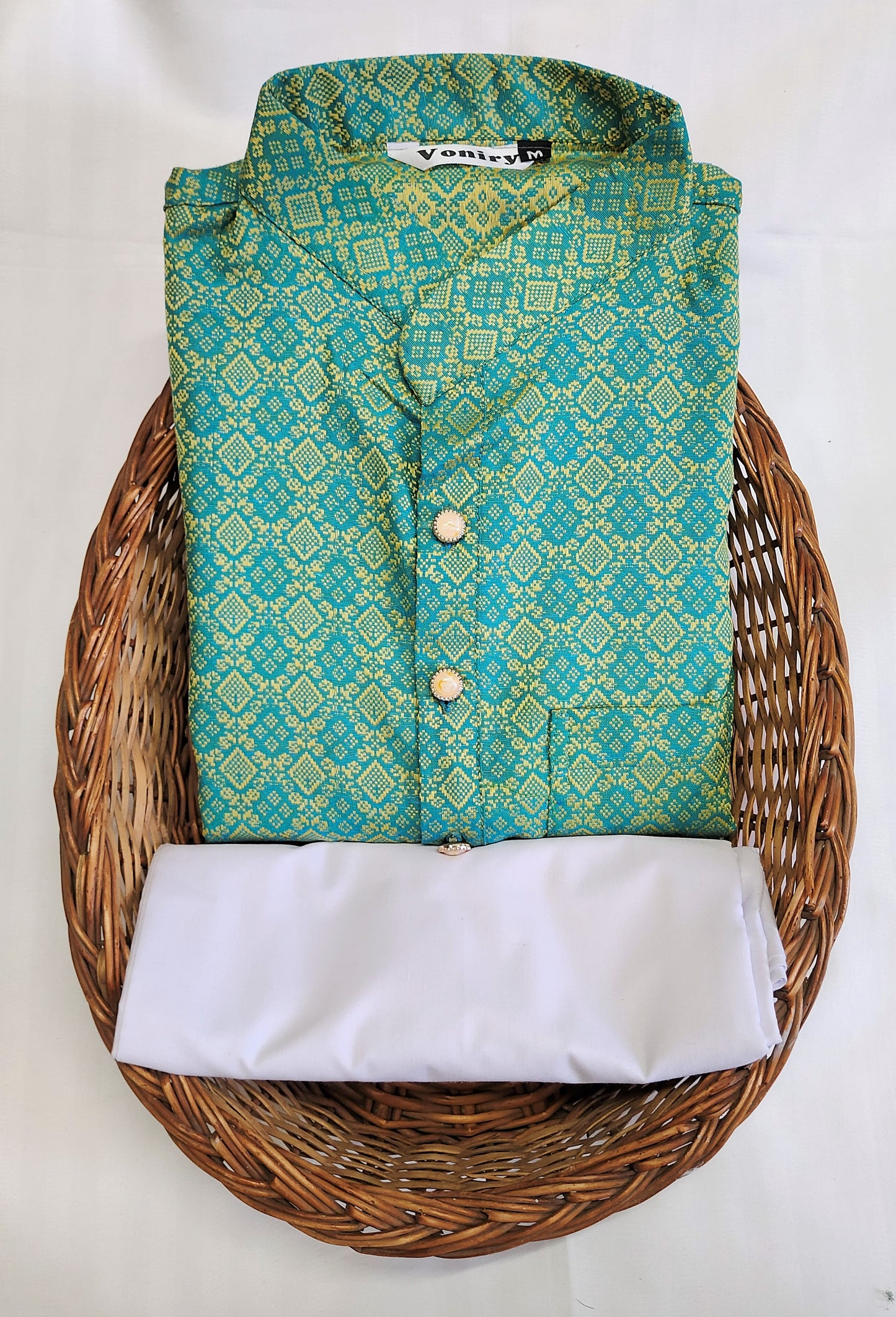 Men Sea Green Regular Full Sleeve Silk Cotton Kurta with White Pajama Set