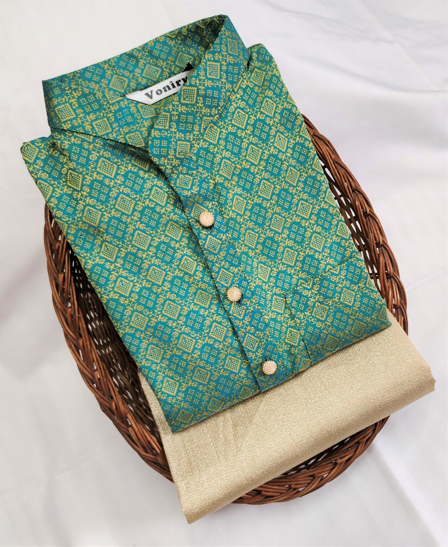 Men Sea Green Regular Full Sleeve Silk Cotton Kurta with Golden Pajama Set