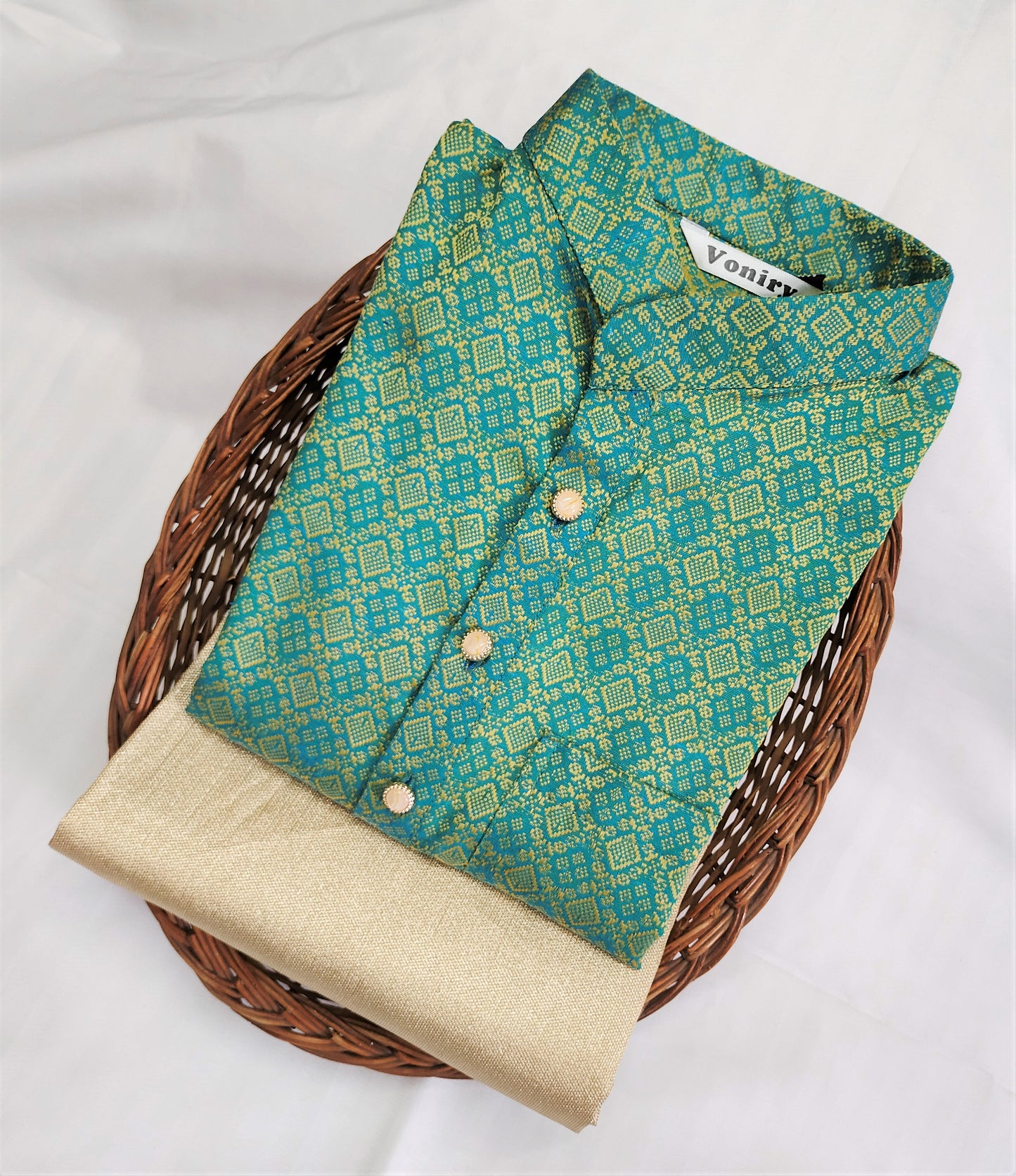 Men Sea Green Regular Full Sleeve Silk Cotton Kurta with Golden Pajama Set