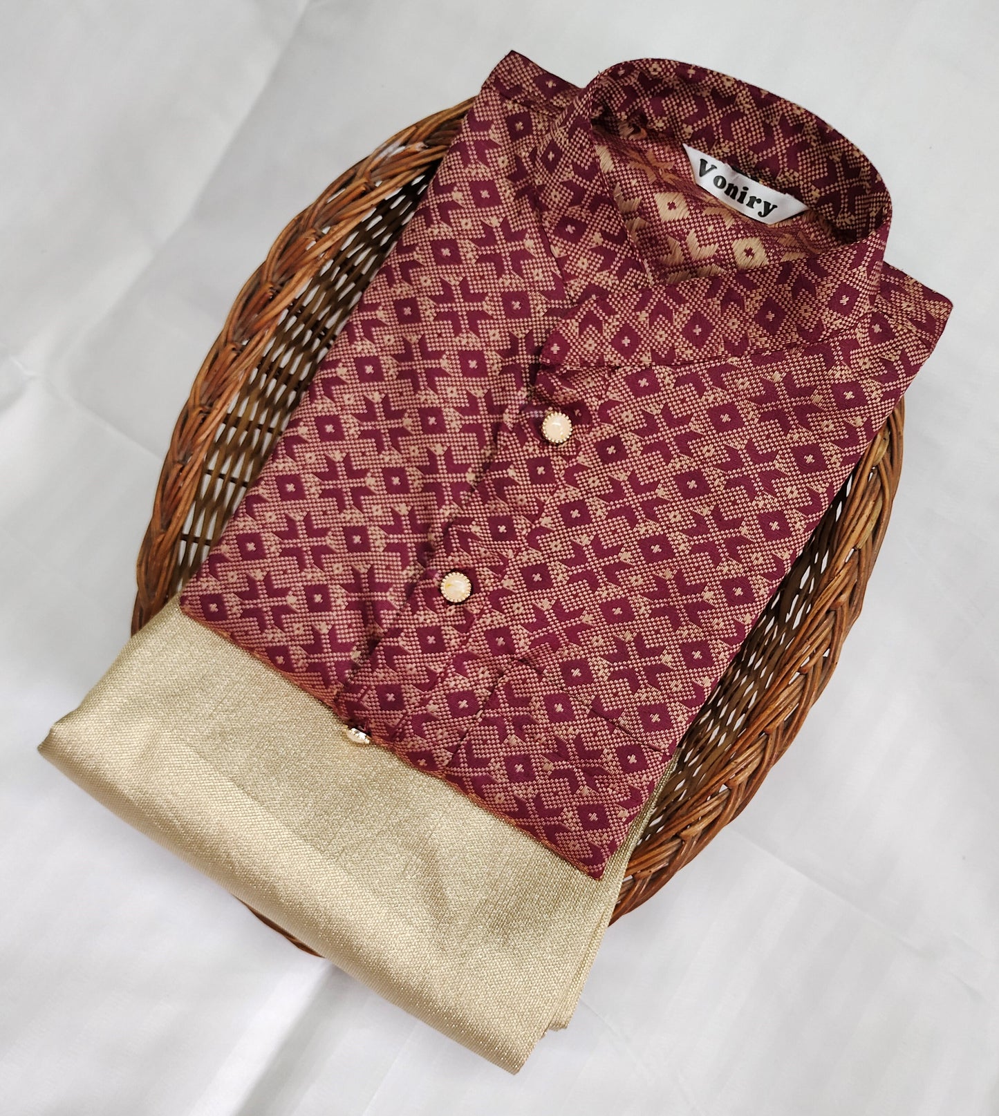 Men Maroon Regular Full Sleeve Silk Cotton Kurta with Golden Pajama Set