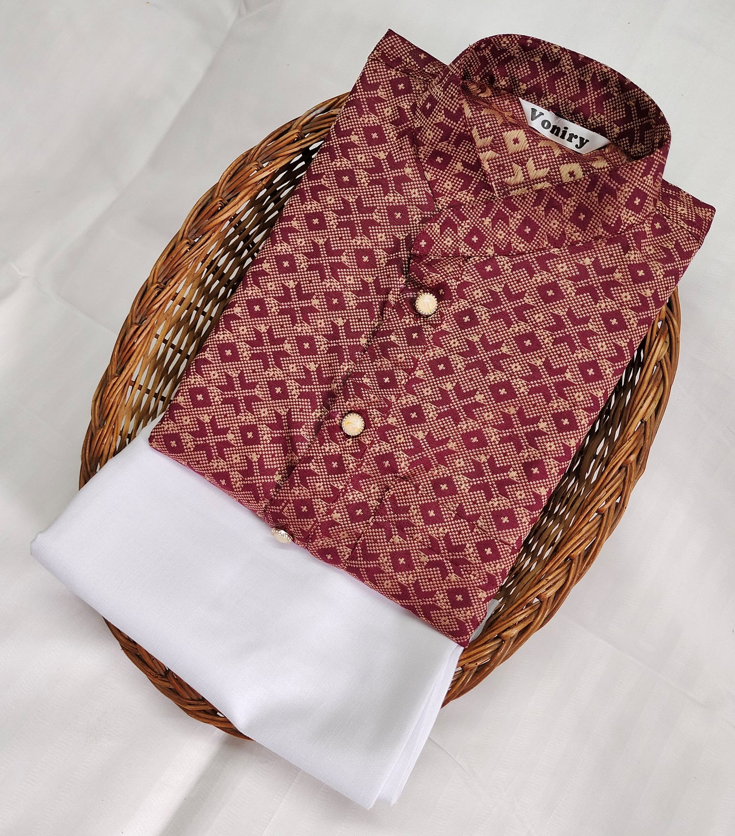 Men Maroon Regular Full Sleeve Silk Cotton Kurta with White Pajama Set