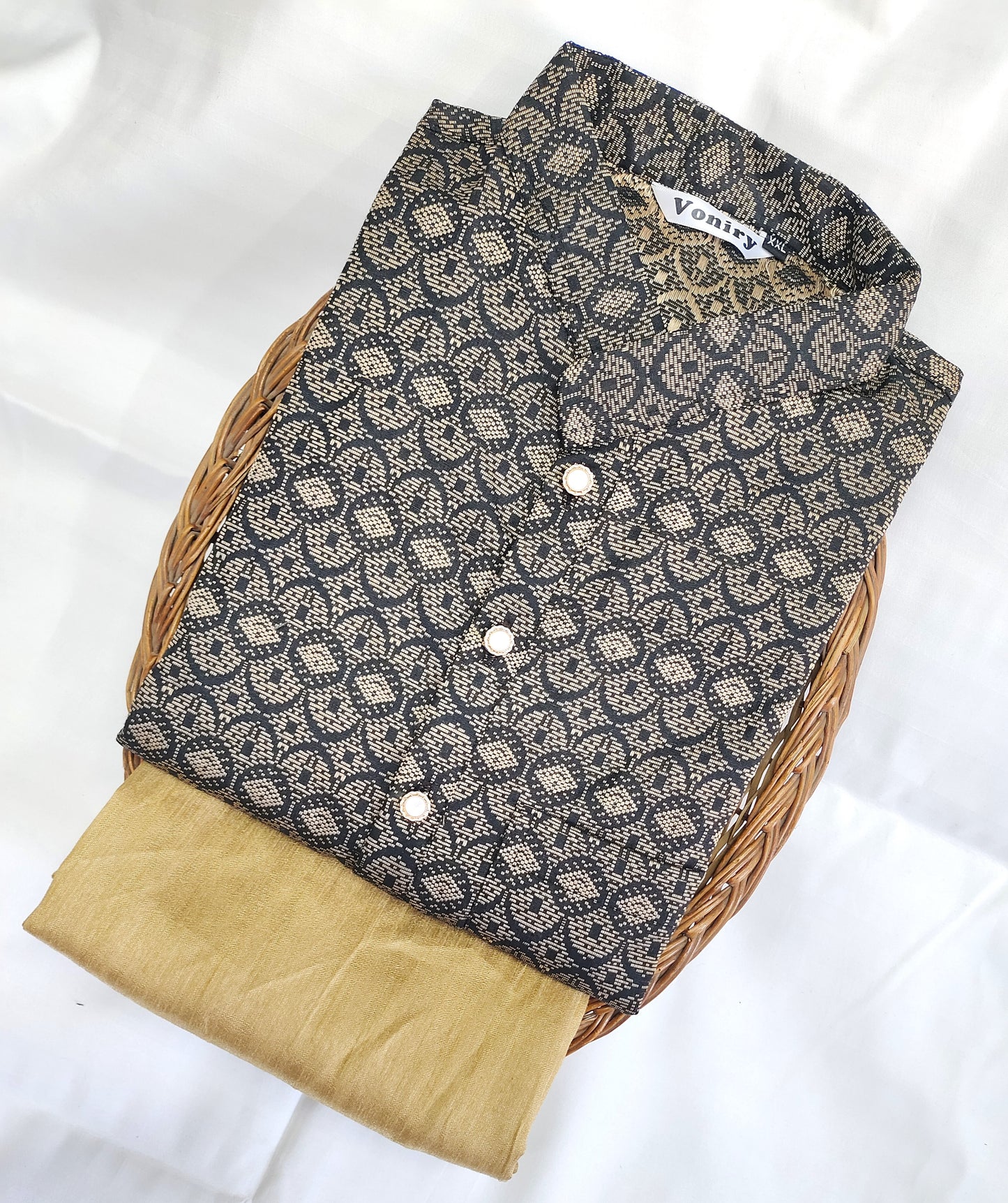 Men Black Regular Full Sleeve Silk Cotton Kurta with Golden Pajama Set