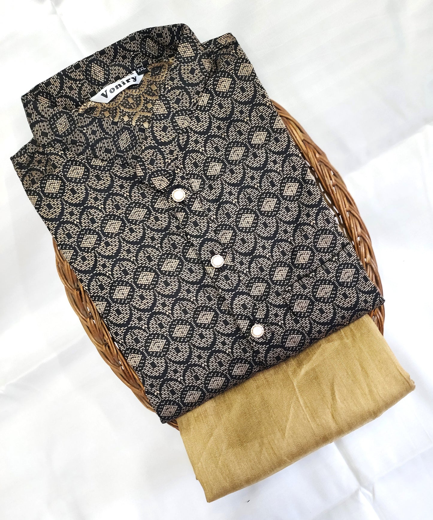 Men Black Regular Full Sleeve Silk Cotton Kurta with Golden Pajama Set
