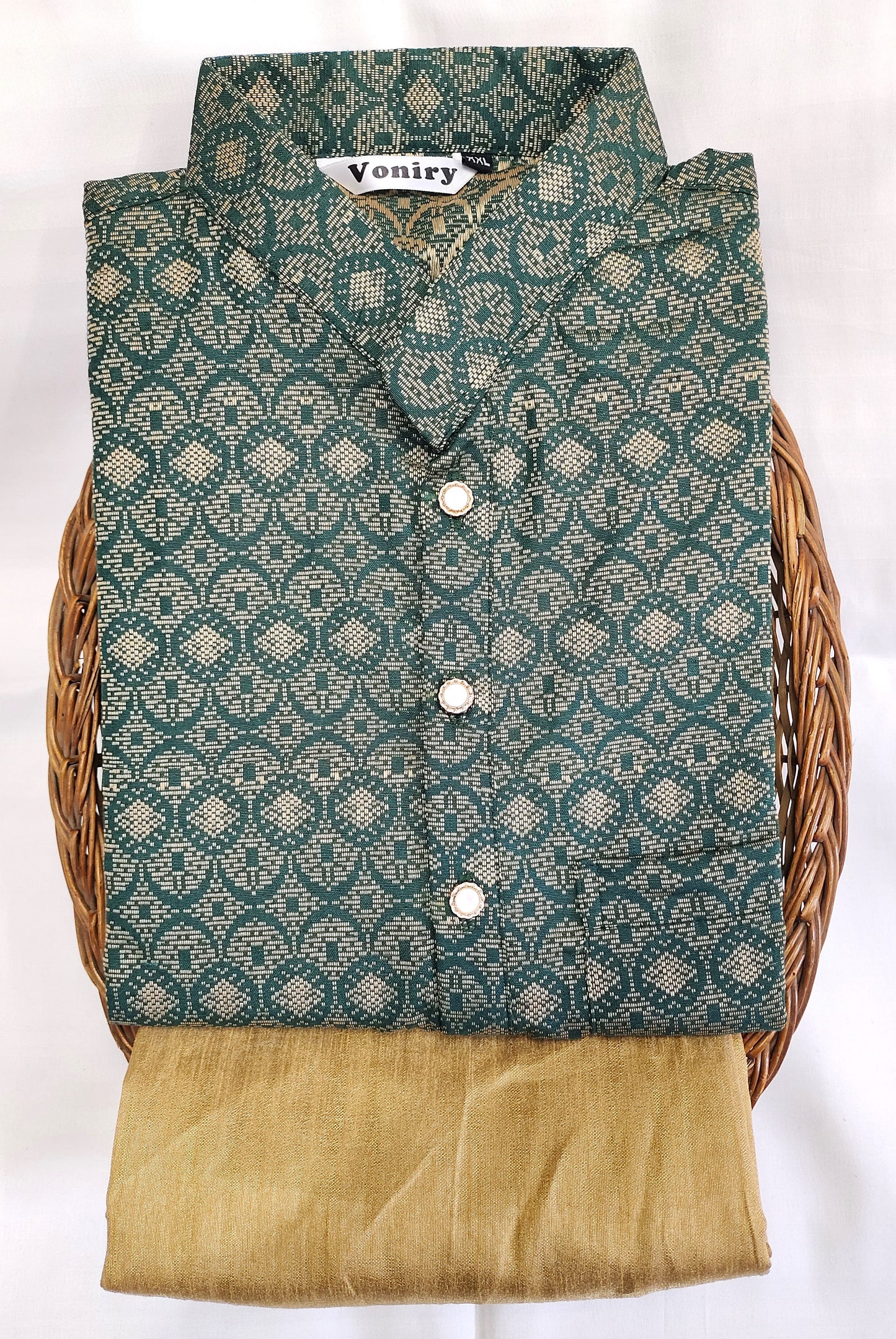 Men Dark Green Regular Full Sleeve Silk Cotton Kurta with Golden Pajama Set