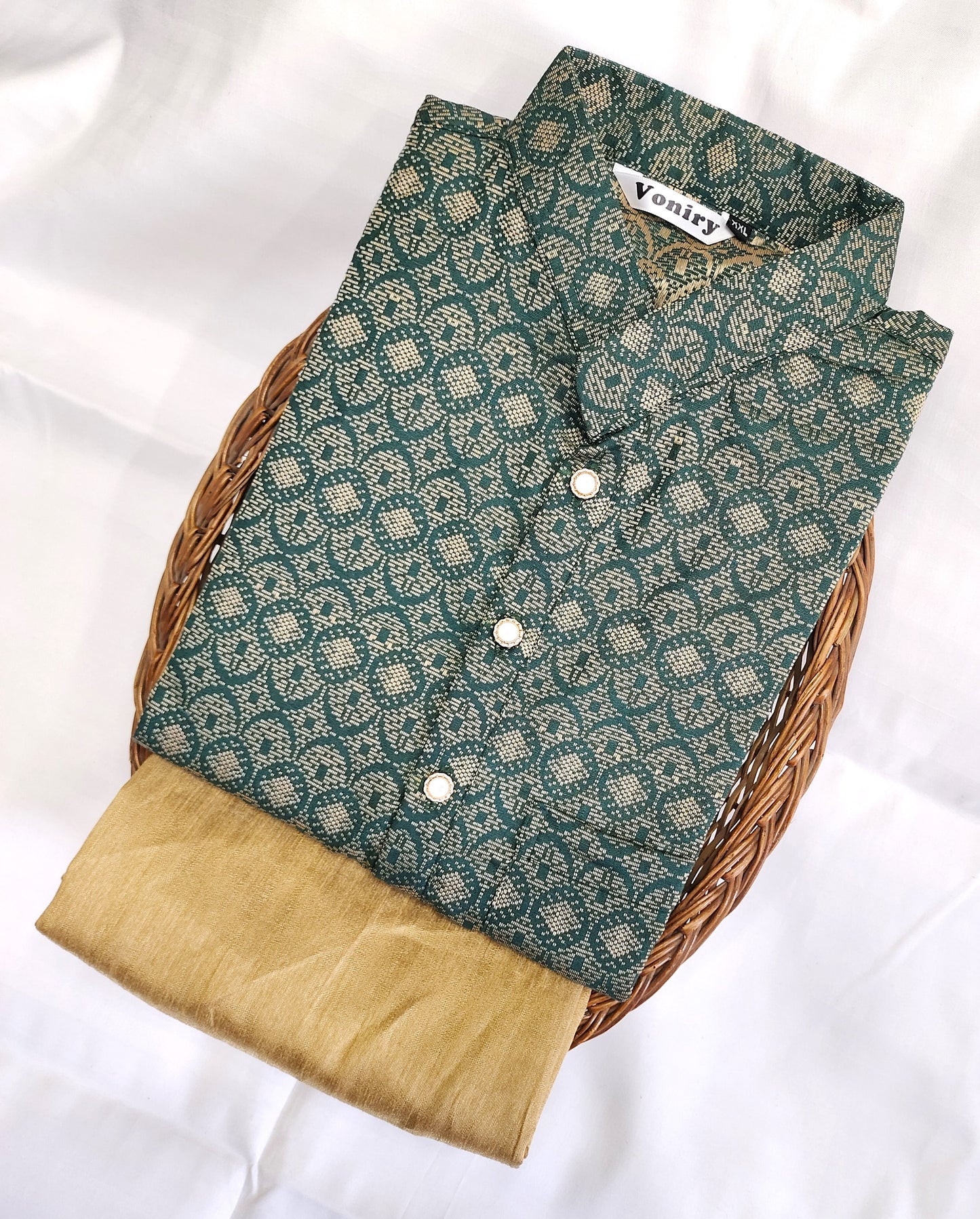 Men Dark Green Regular Full Sleeve Silk Cotton Kurta with Golden Pajama Set