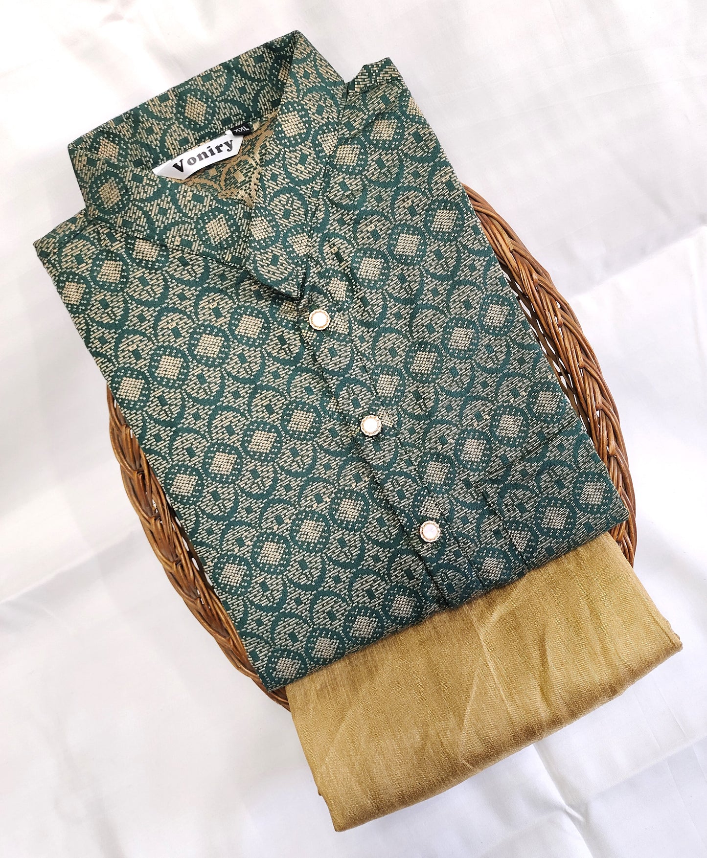 Men Dark Green Regular Full Sleeve Silk Cotton Kurta with Golden Pajama Set