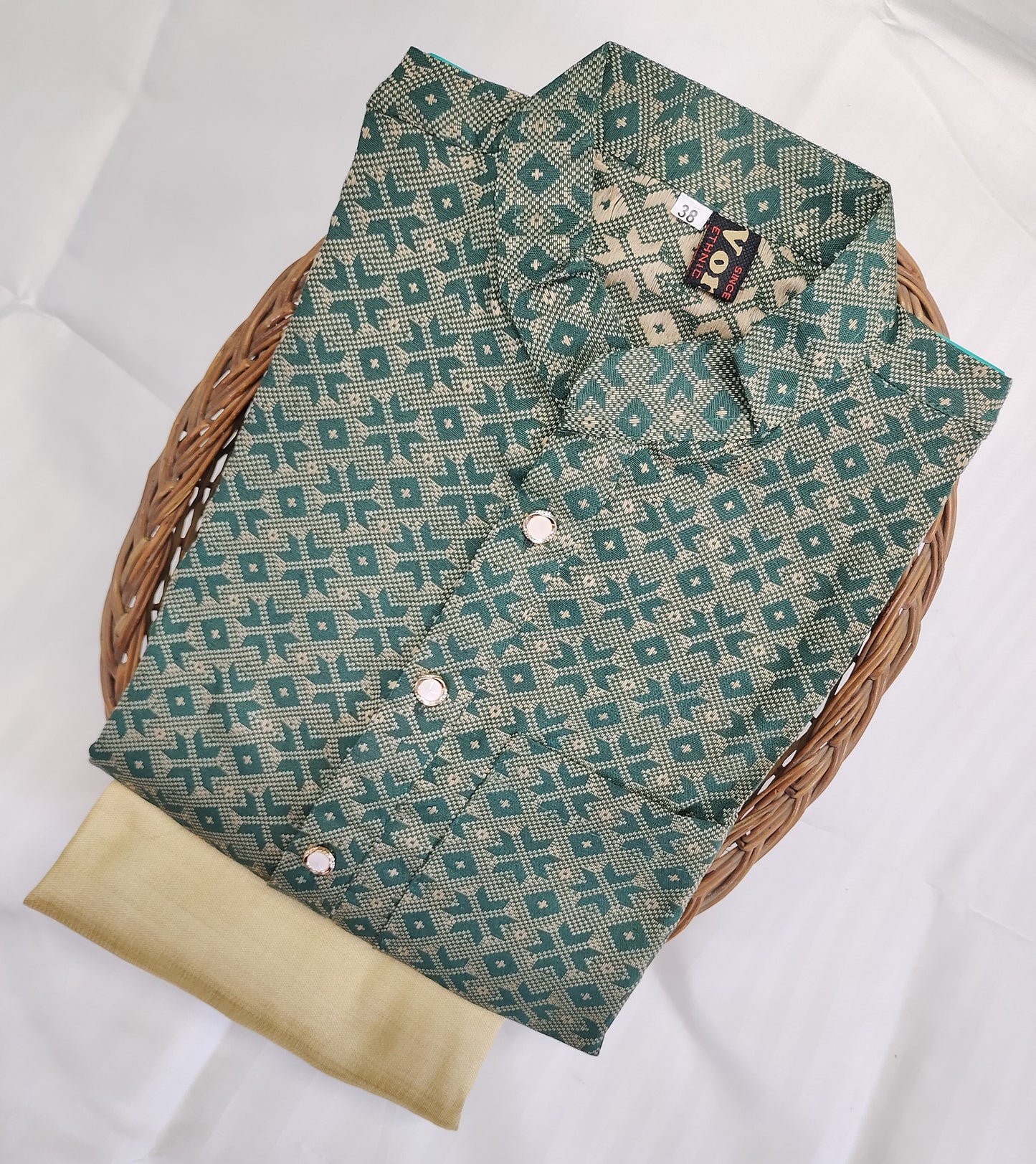 Men Forest Green Regular Full Sleeve Silk Cotton Kurta with Golden Pajama Set