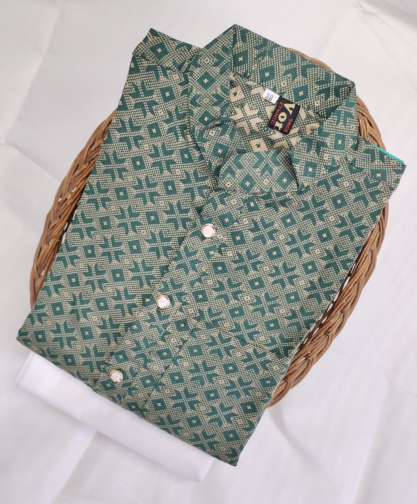 Men Forest Green Regular Full Sleeve Silk Cotton Kurta with White Pajama Set