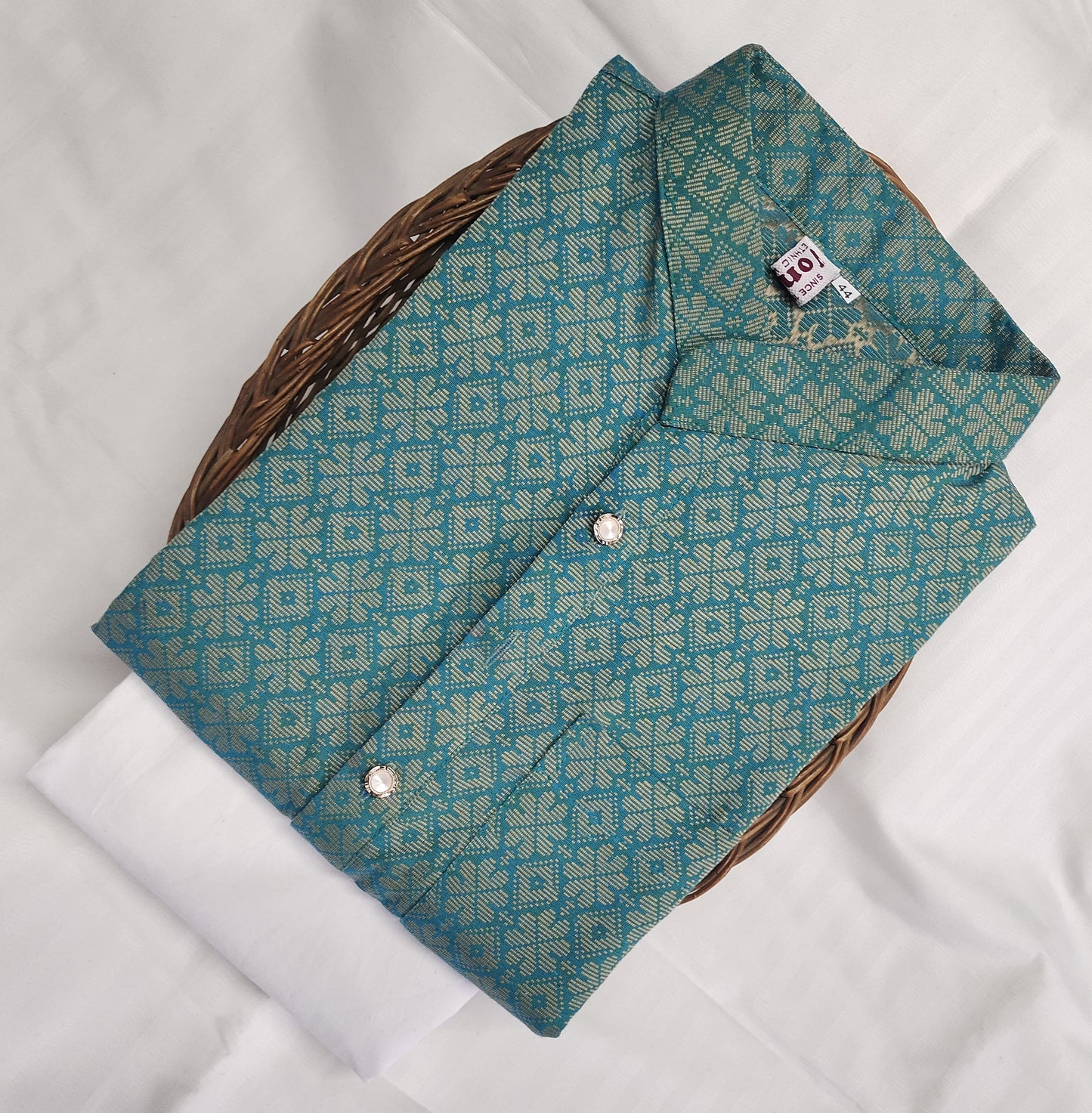 Men Light Blue Regular Full Sleeve Silk Cotton Kurta with White Pajama Set