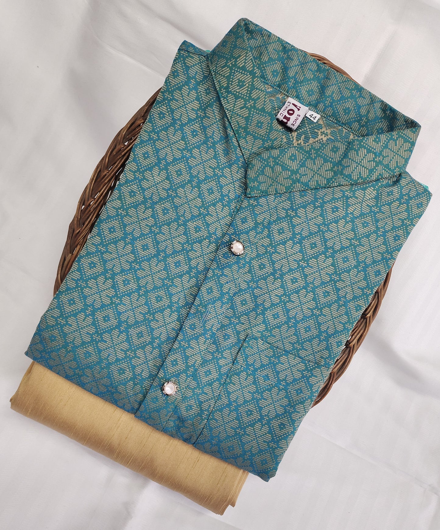 Men Light Blue Regular Full Sleeve Silk Cotton Kurta with Golden Pajama Set
