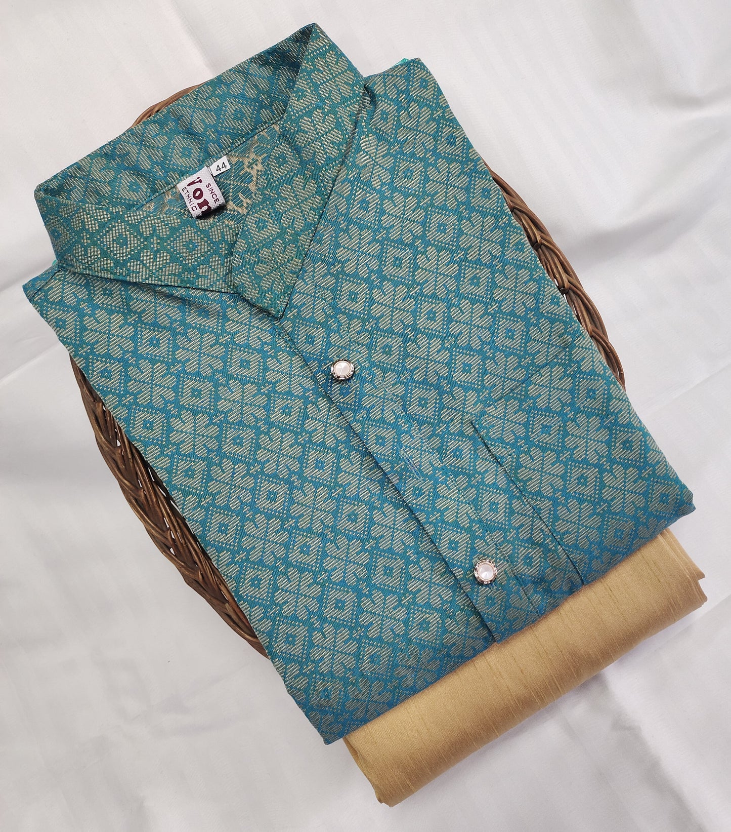 Men Light Blue Regular Full Sleeve Silk Cotton Kurta with Golden Pajama Set