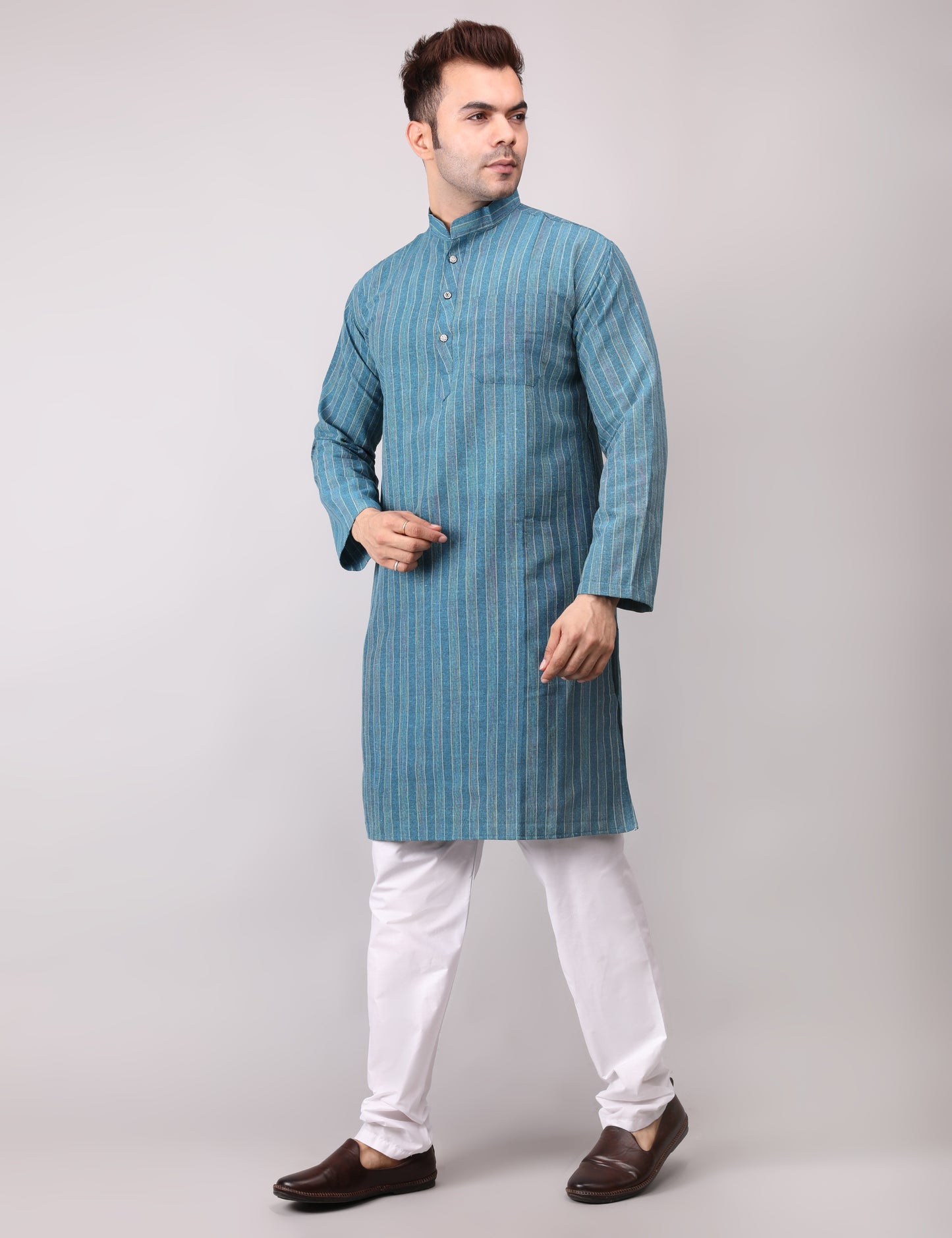 Men's Firozi Striped Cotton Kurta Pajama Set