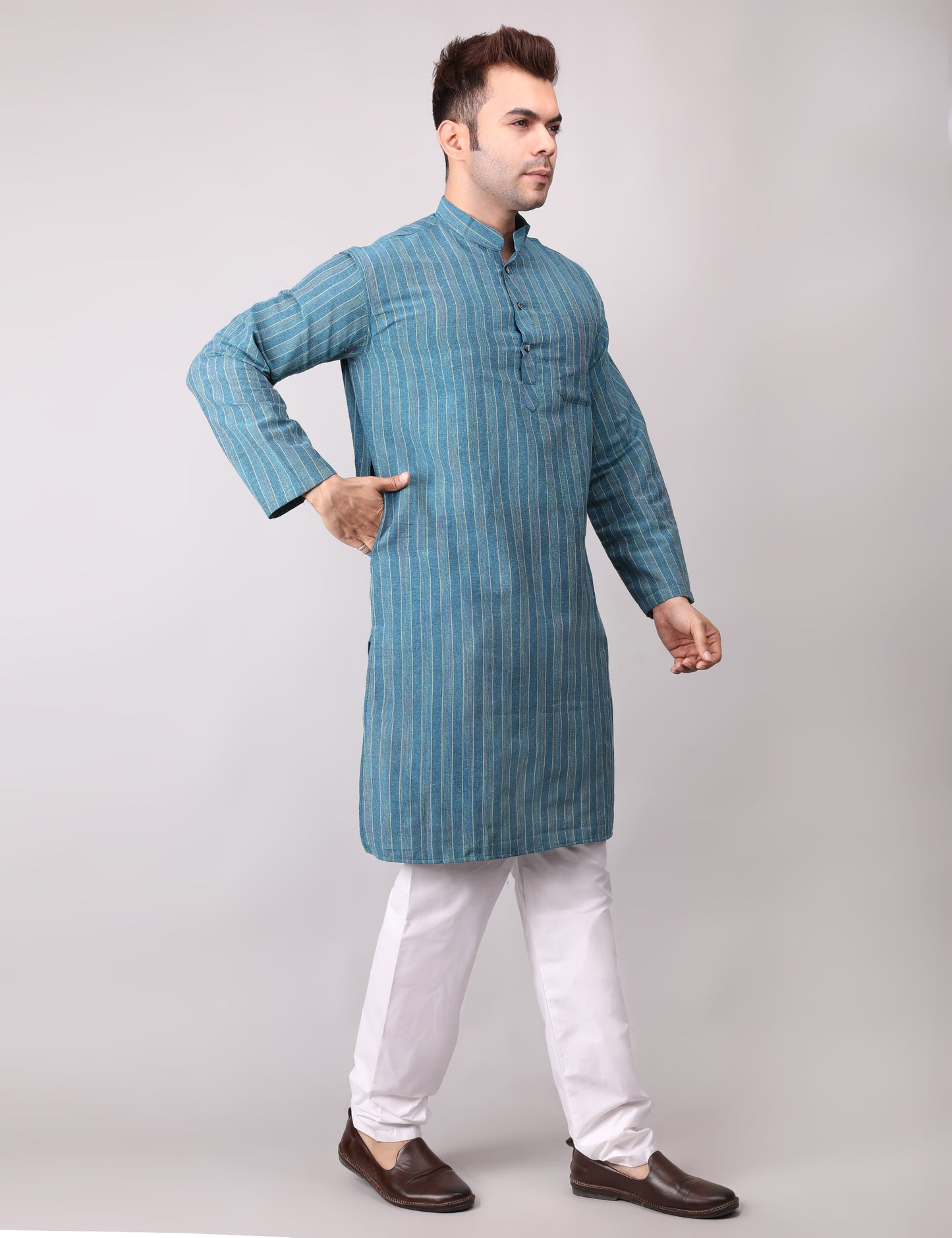 Men's Firozi Striped Cotton Kurta Pajama Set
