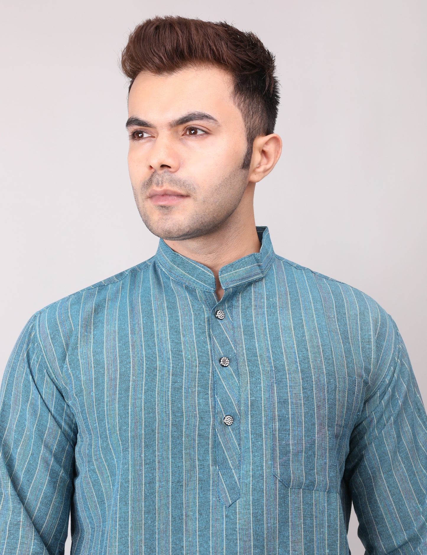 Men's Firozi Striped Cotton Kurta Pajama Set