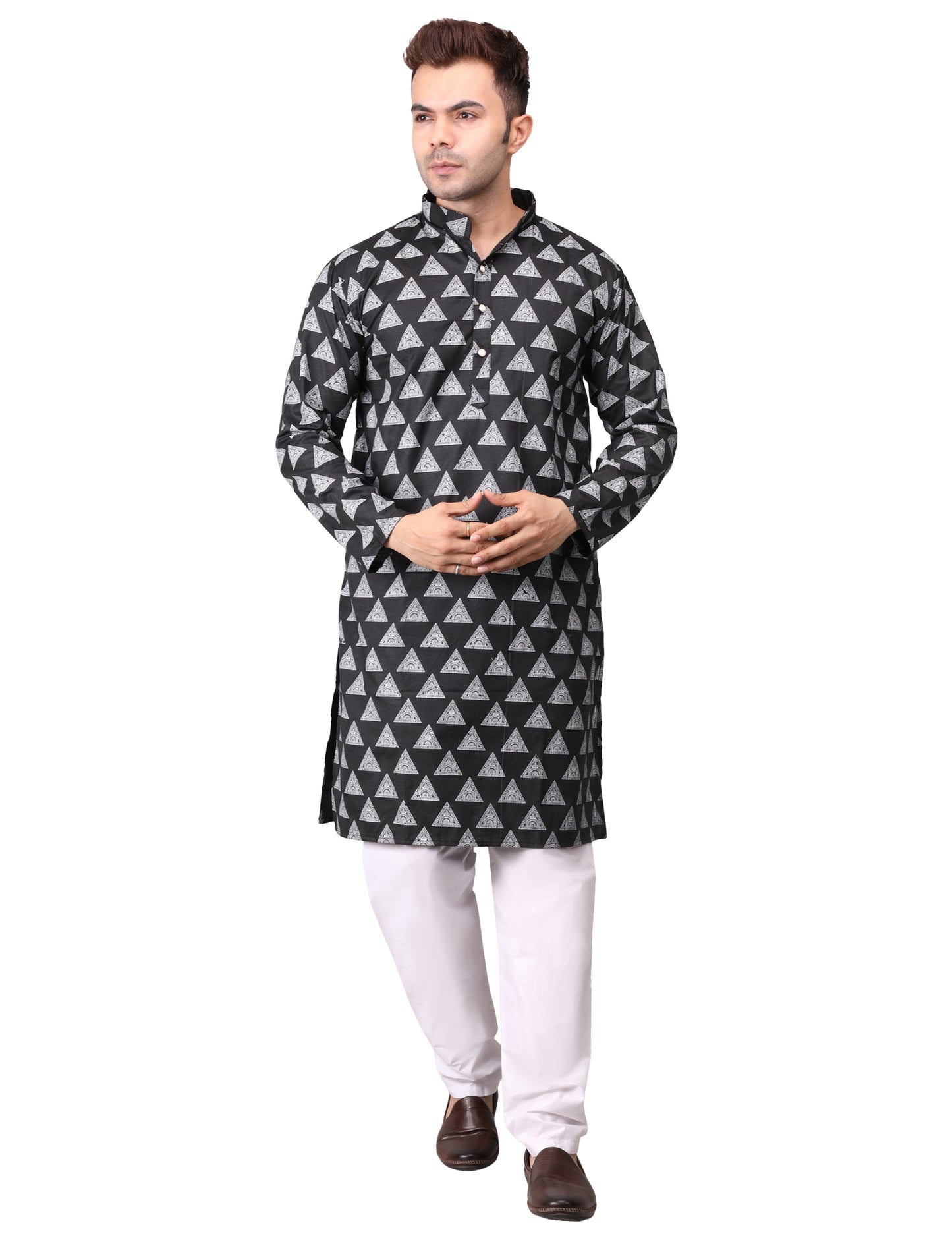 Men's Black Cotton Printed Kurta Pajama Set