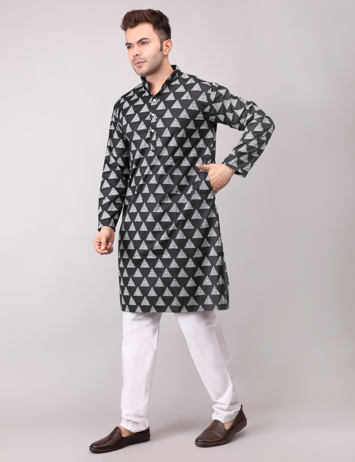 Men's Black Cotton Printed Kurta Pajama Set