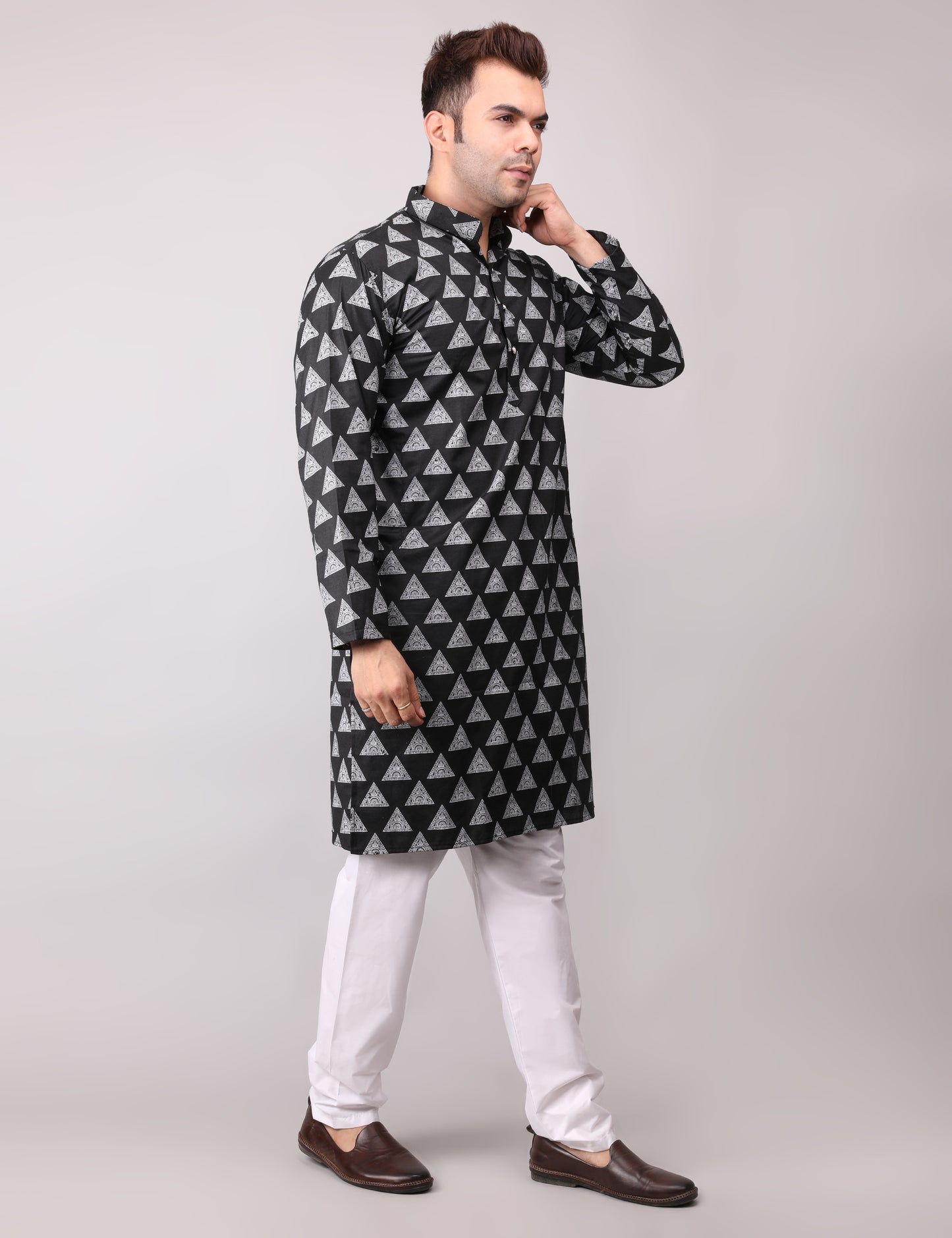 Men's Black Cotton Printed Kurta Pajama Set