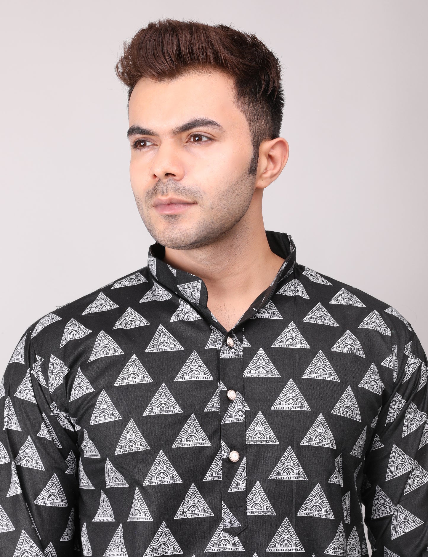 Men's Black Cotton Printed Kurta Pajama Set