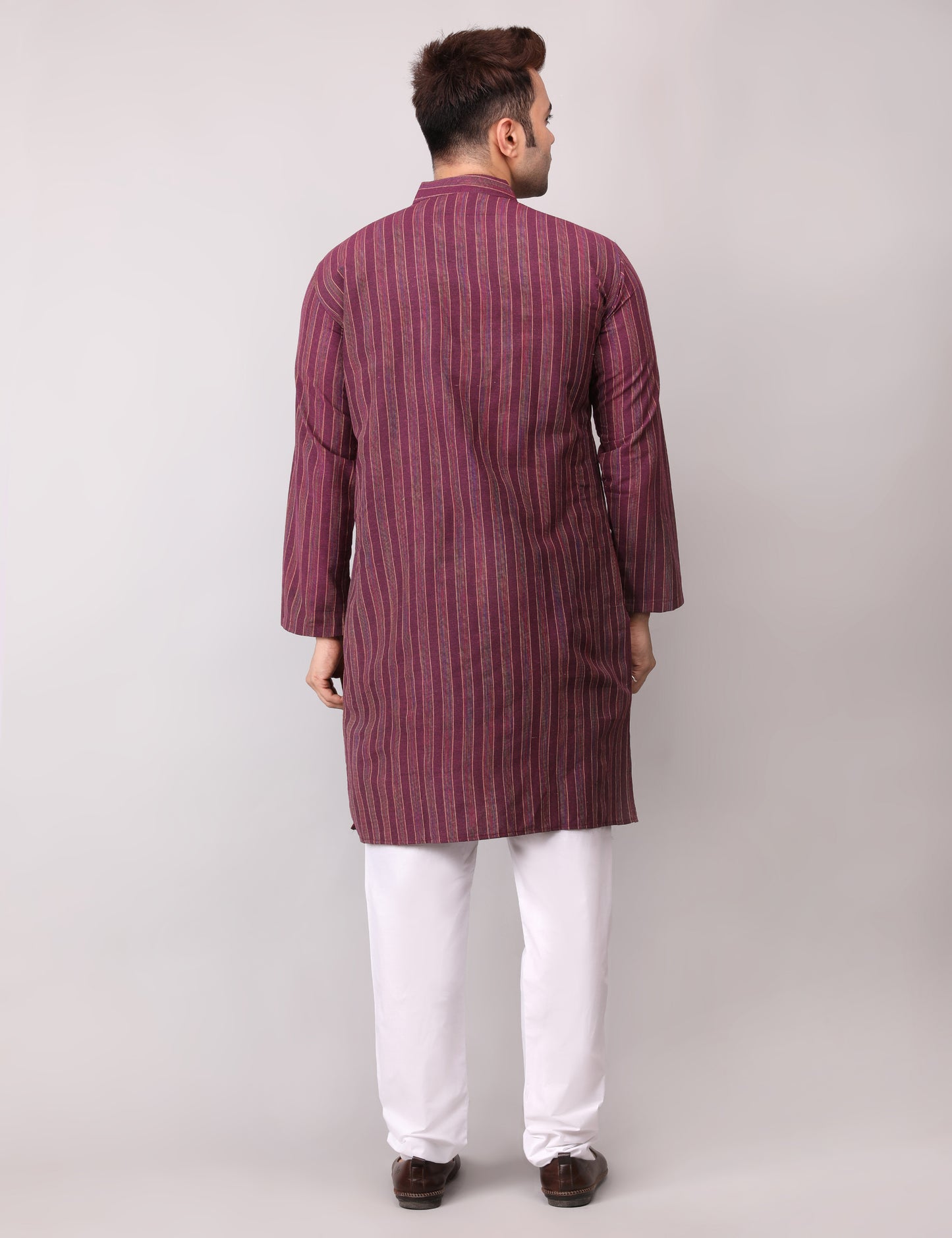 Men's Wine Striped Cotton Kurta Pajama Set