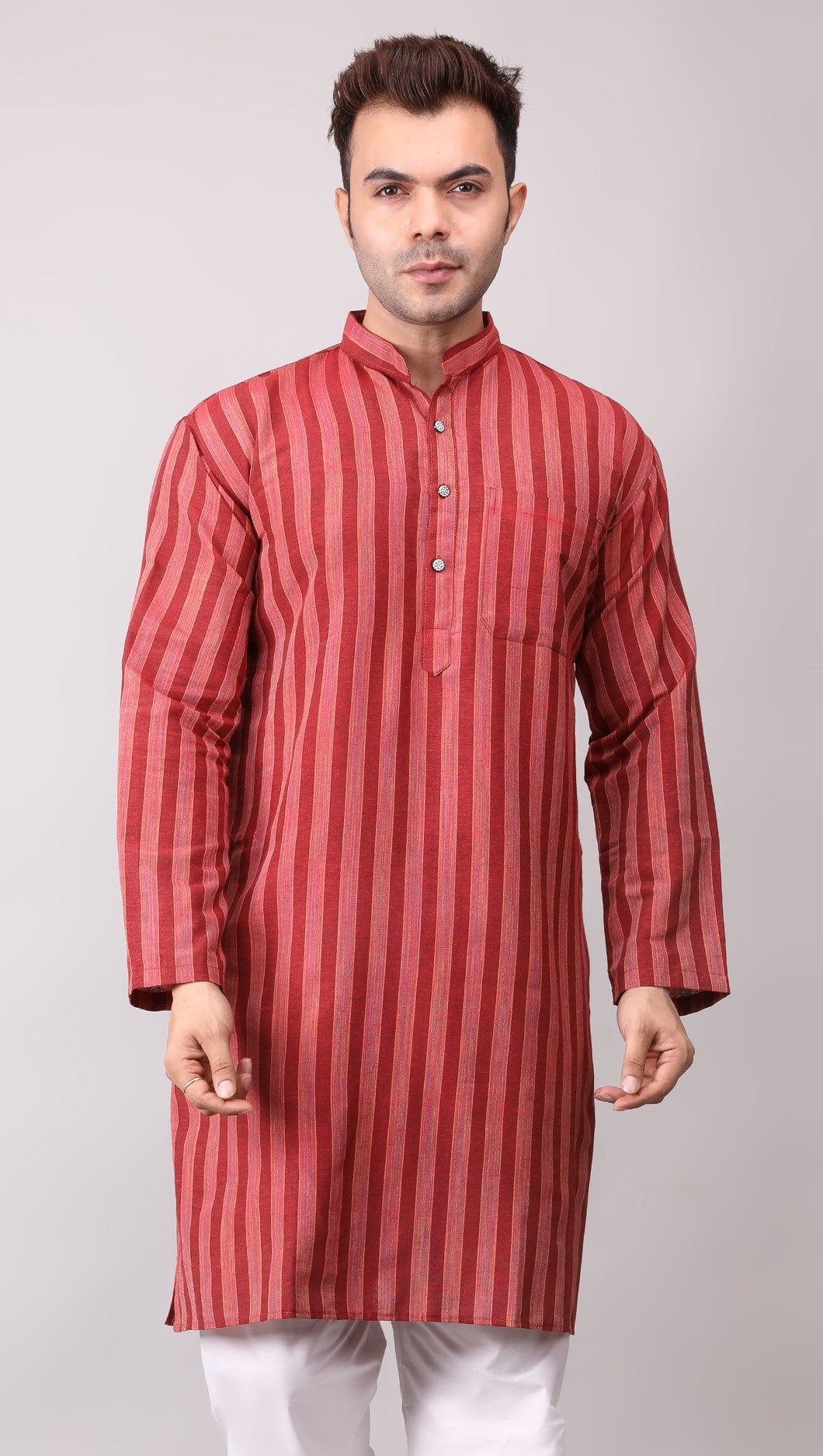 Men's Maroon Striped Cotton Kurta