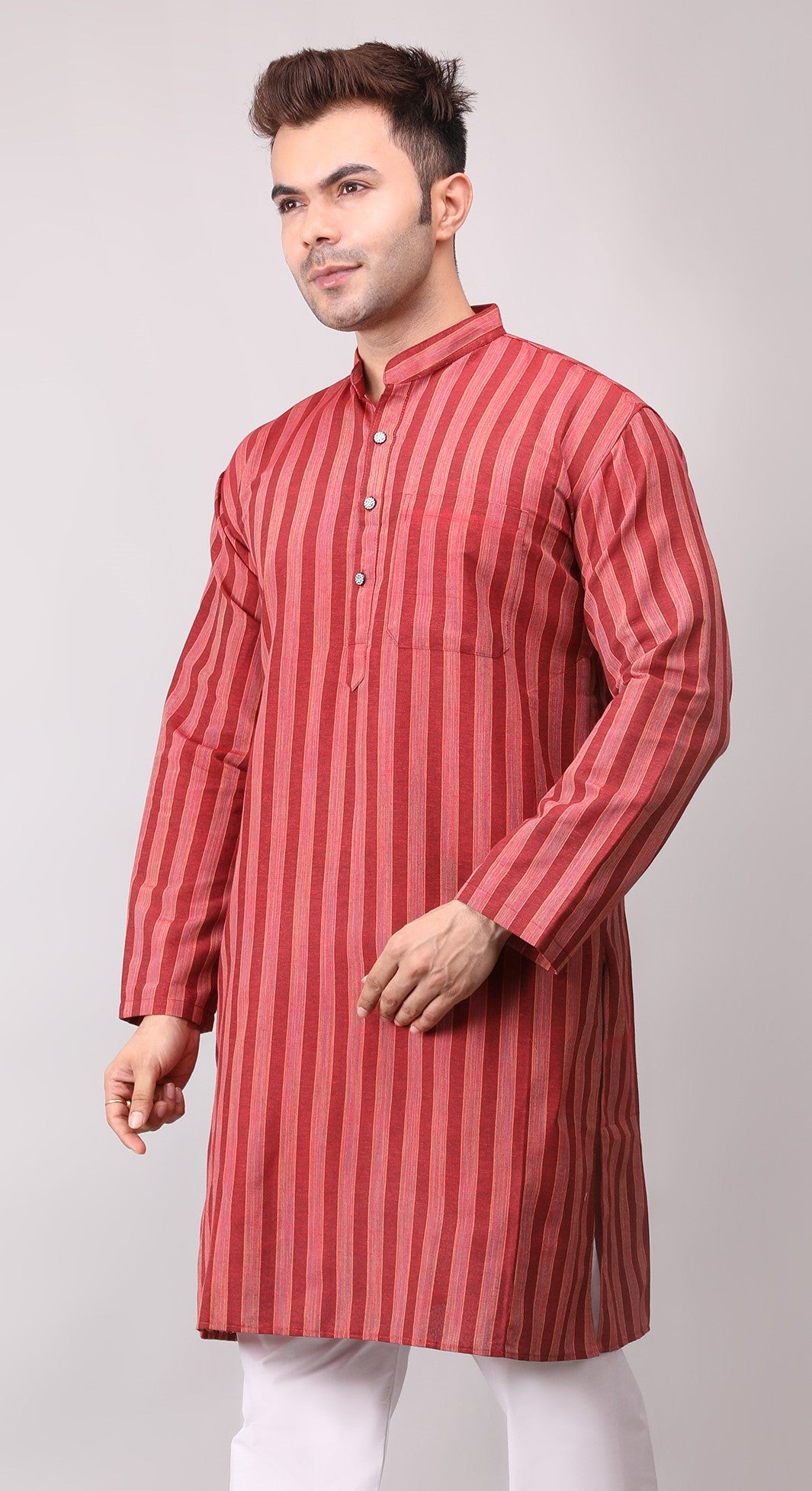Men's Maroon Striped Cotton Kurta