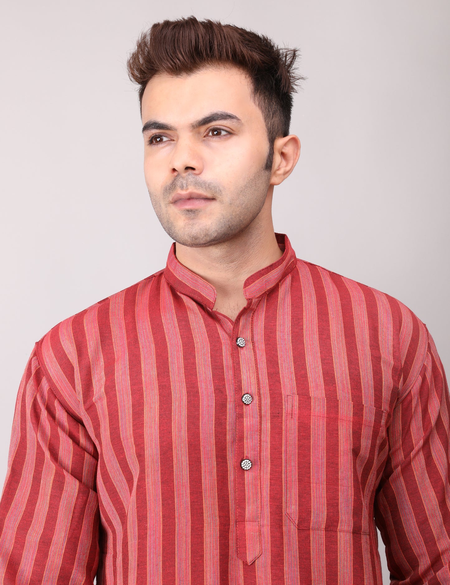 Men's Maroon Striped Cotton Kurta