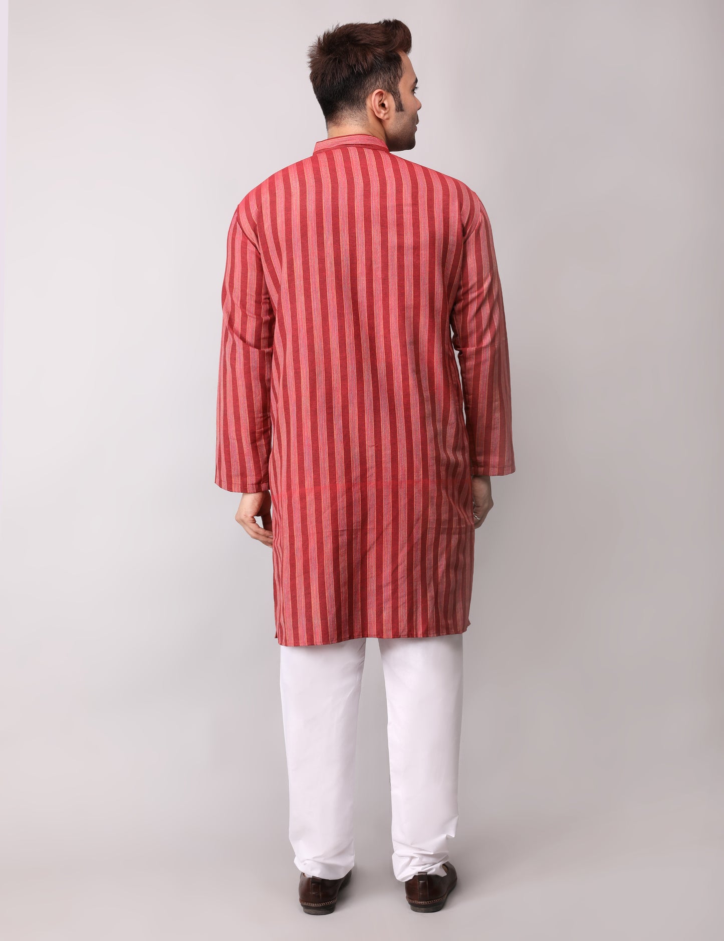 Men's Maroon Striped Cotton Kurta Pajama Set