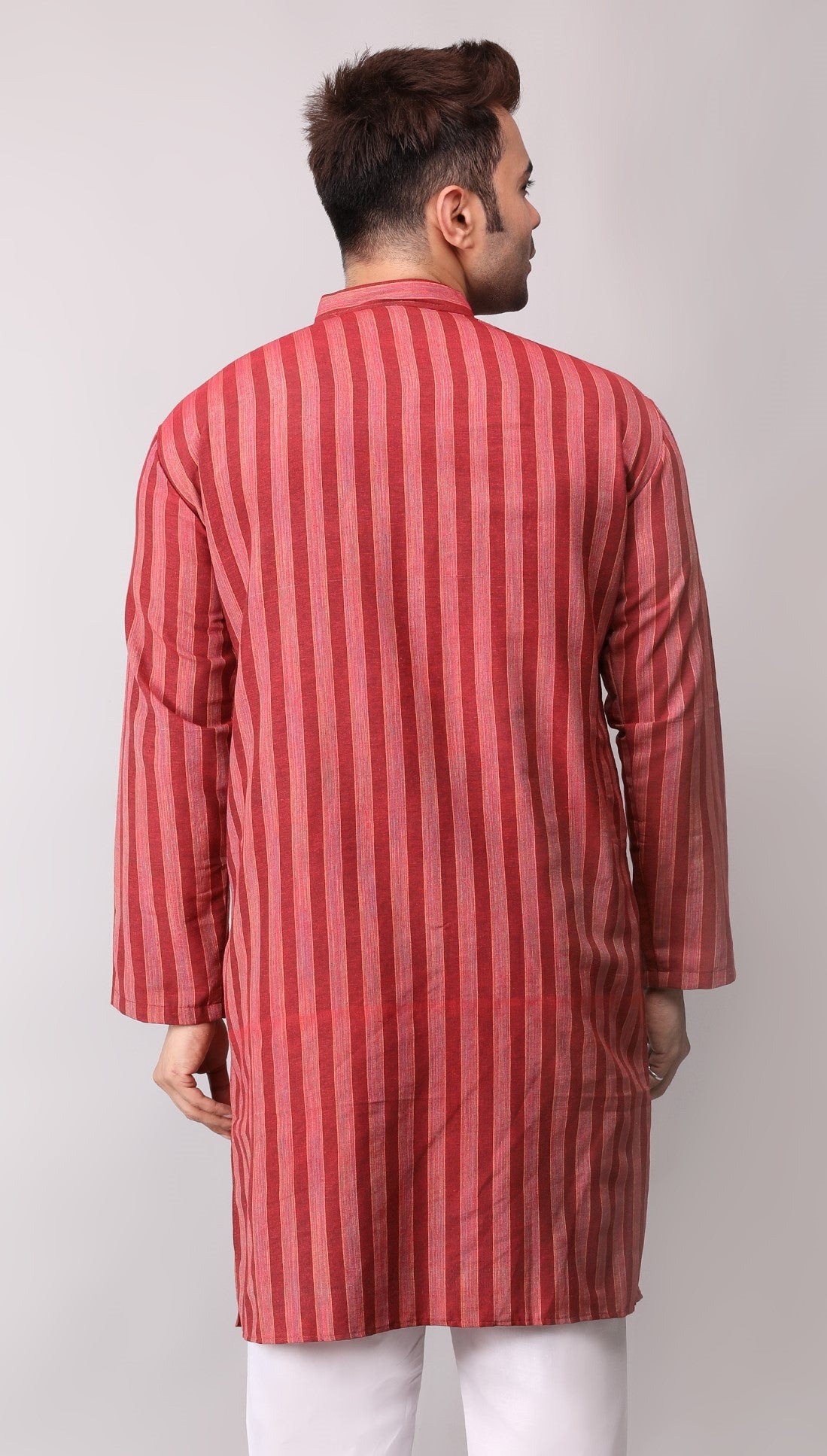 Men's Maroon Striped Cotton Kurta