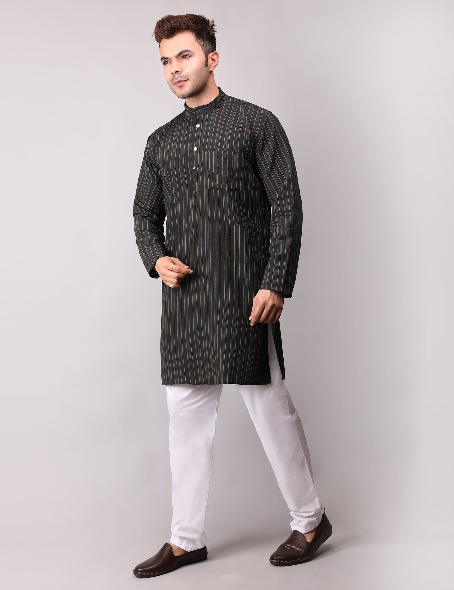 Men's Black Striped Cotton Kurta Pajama Set