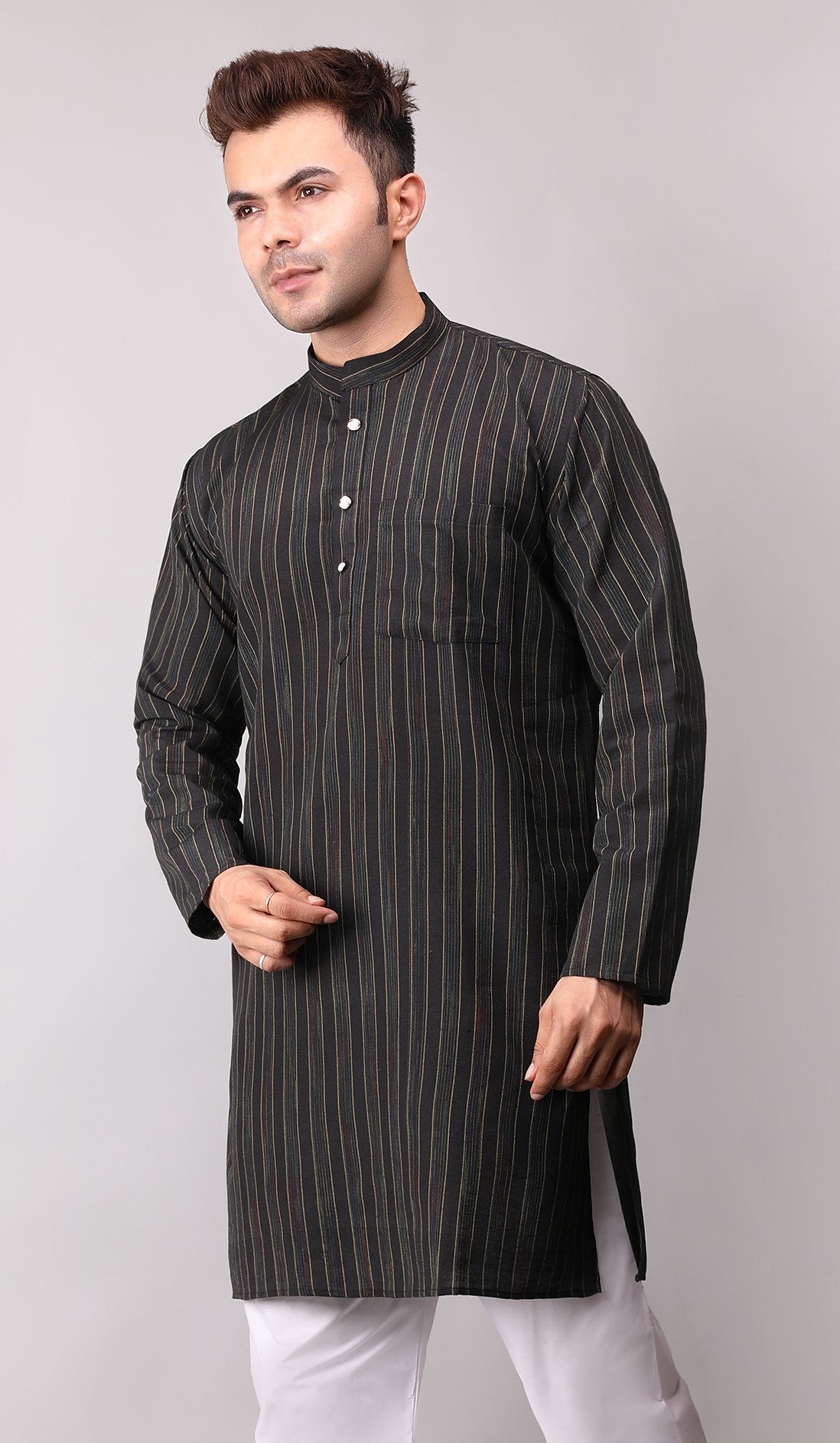Men's Black Striped Cotton Kurta