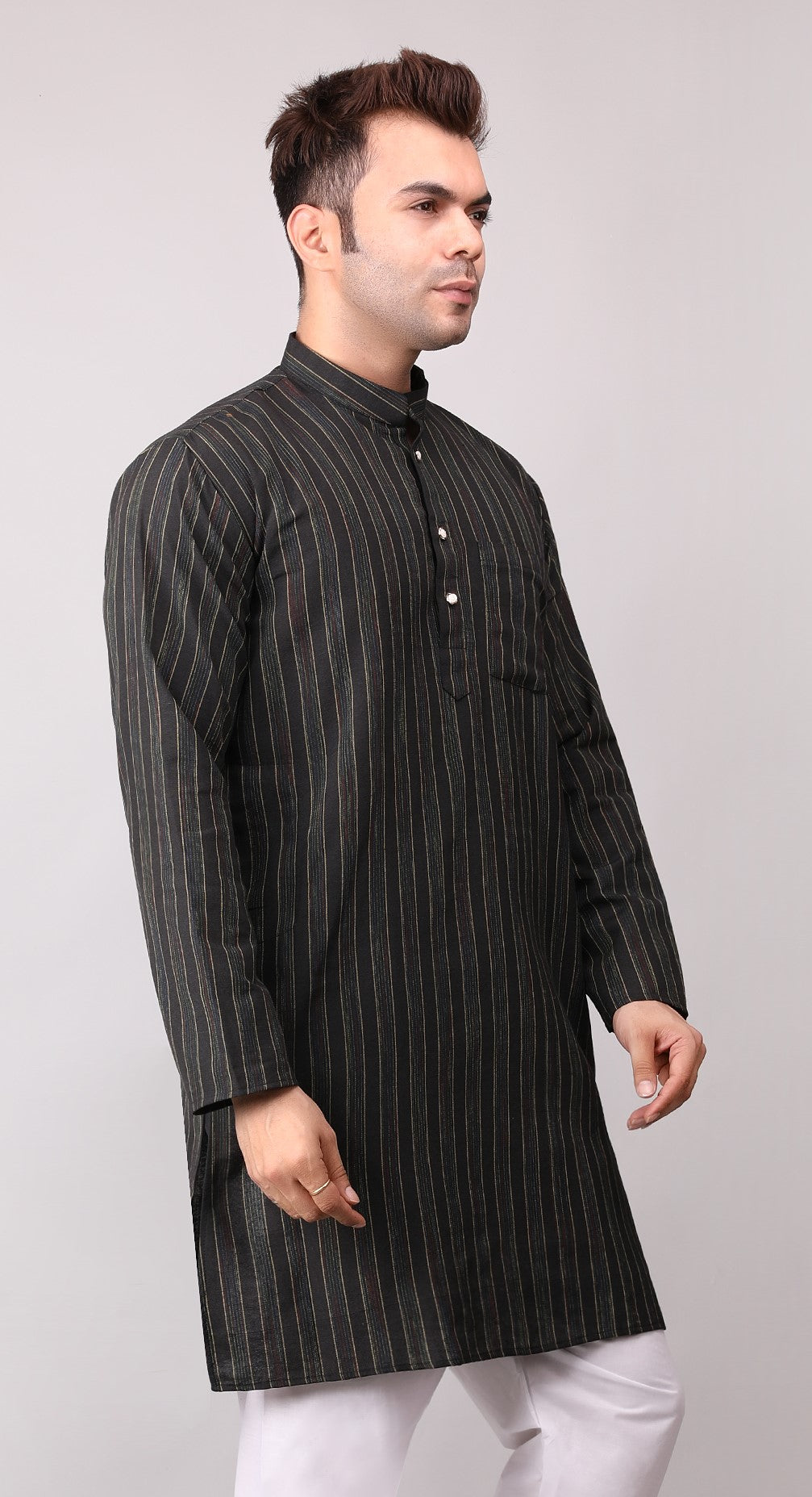 Men's Black Striped Cotton Kurta
