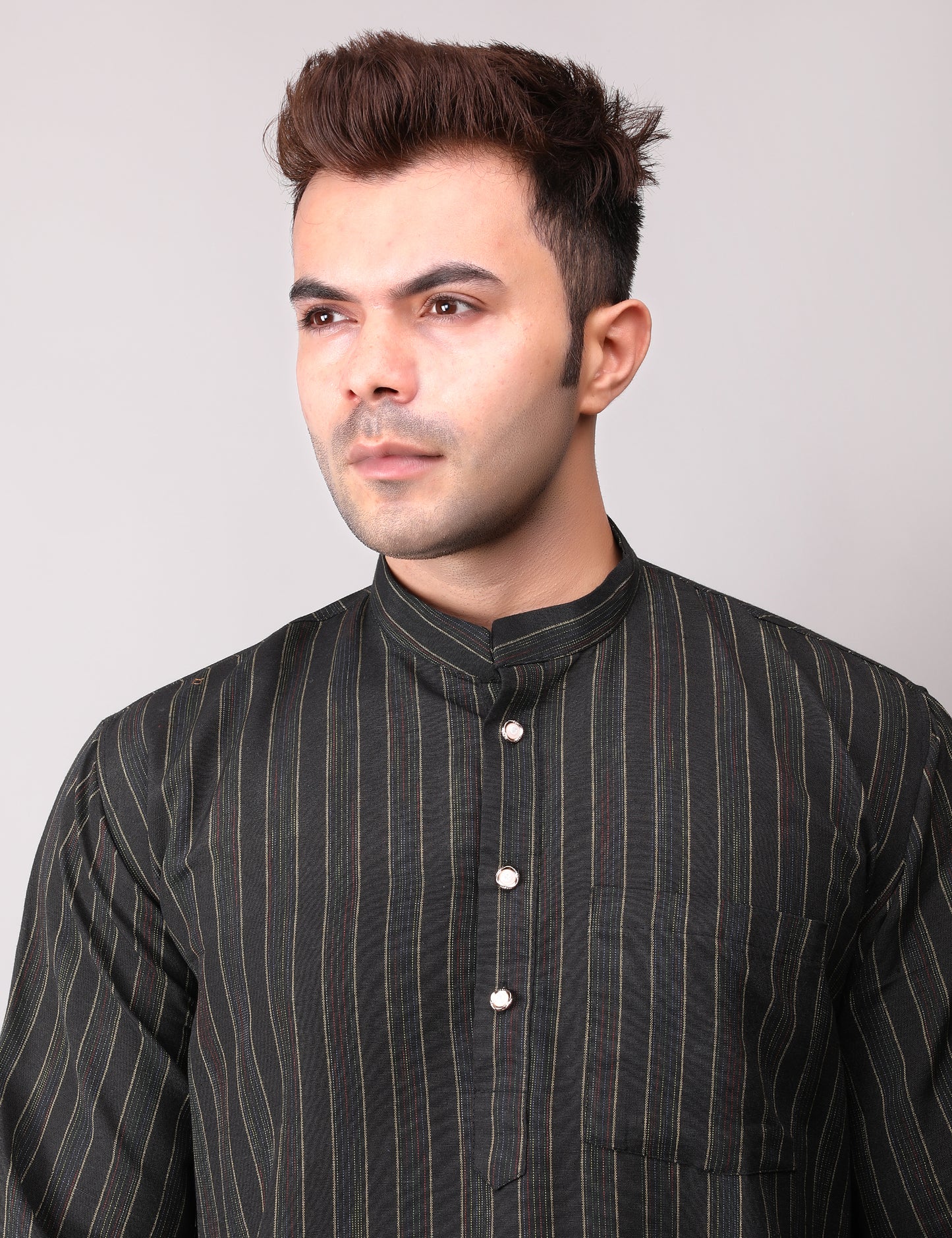 Men's Black Striped Cotton Kurta