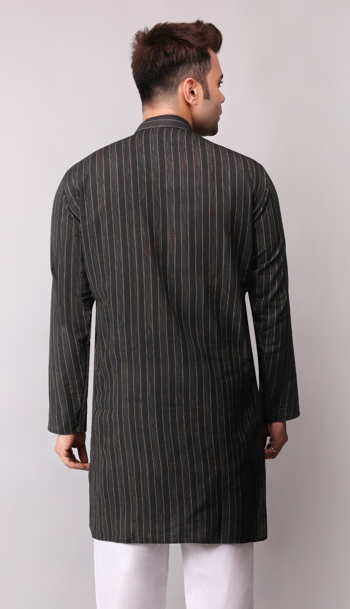 Men's Black Striped Cotton Kurta