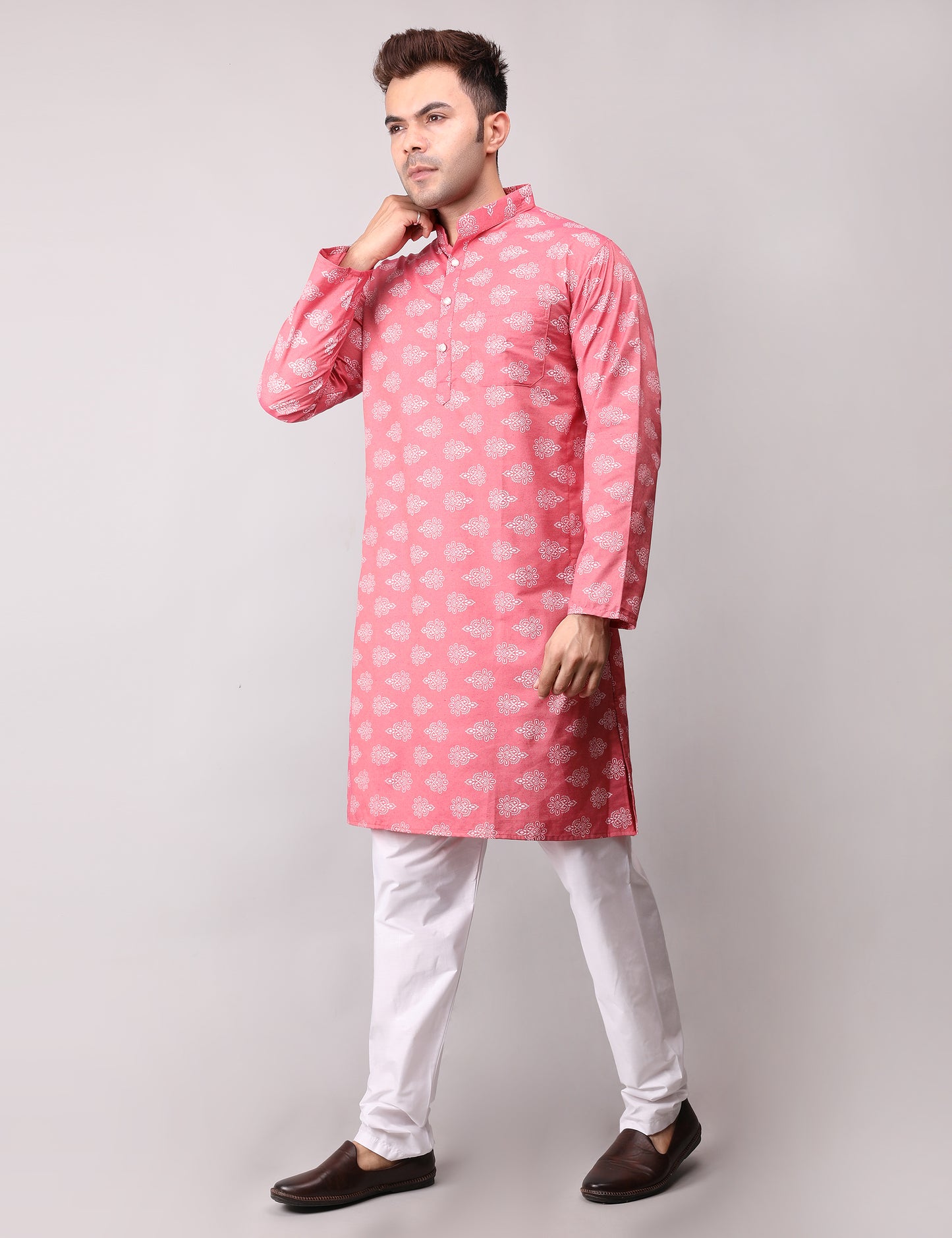 Men's Pink Cotton Printed Kurta Pajama Set
